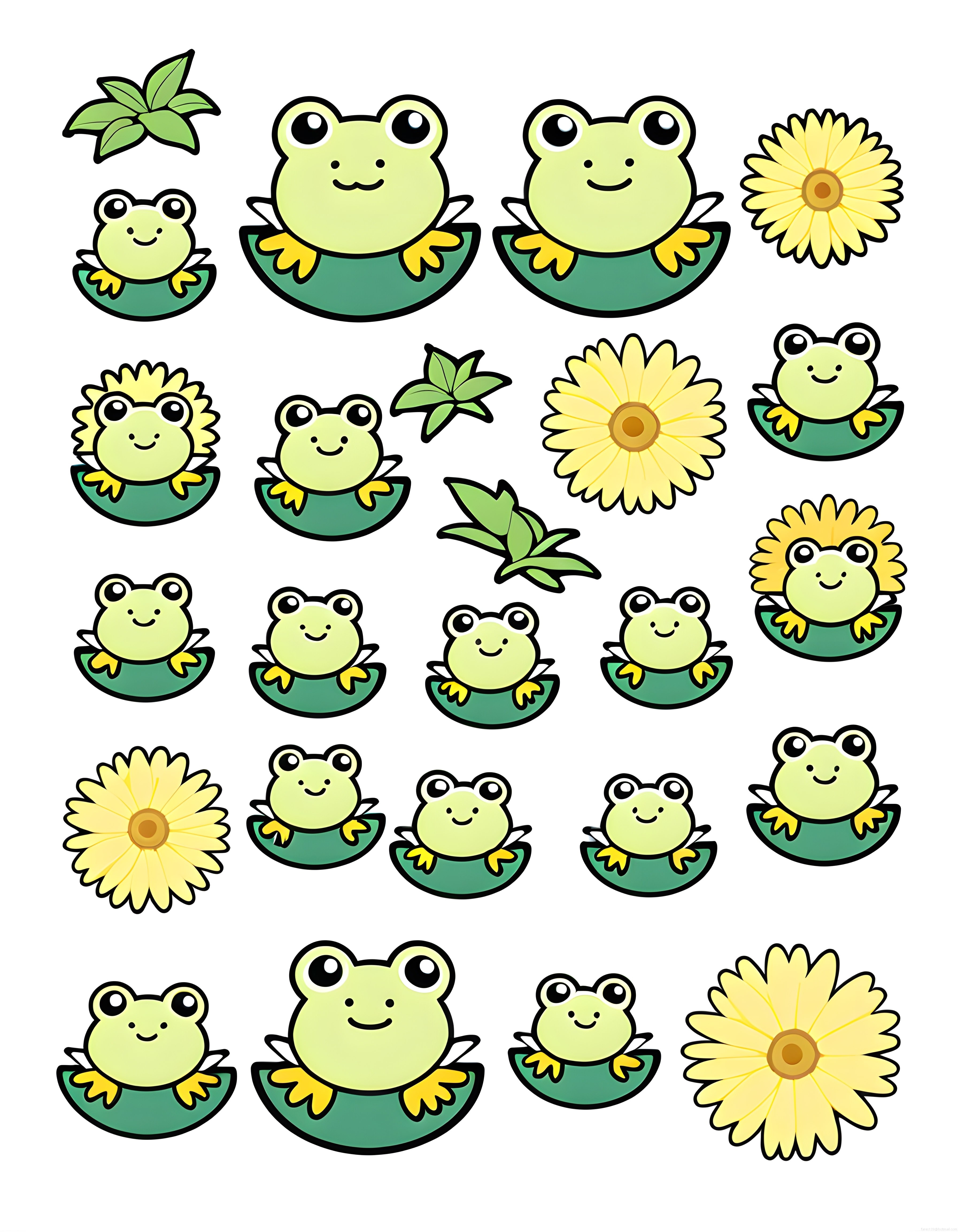 Neseli Kurbağalar ve Papatya Desenleriyle Sevimli Kawaii Çıkartma Seti