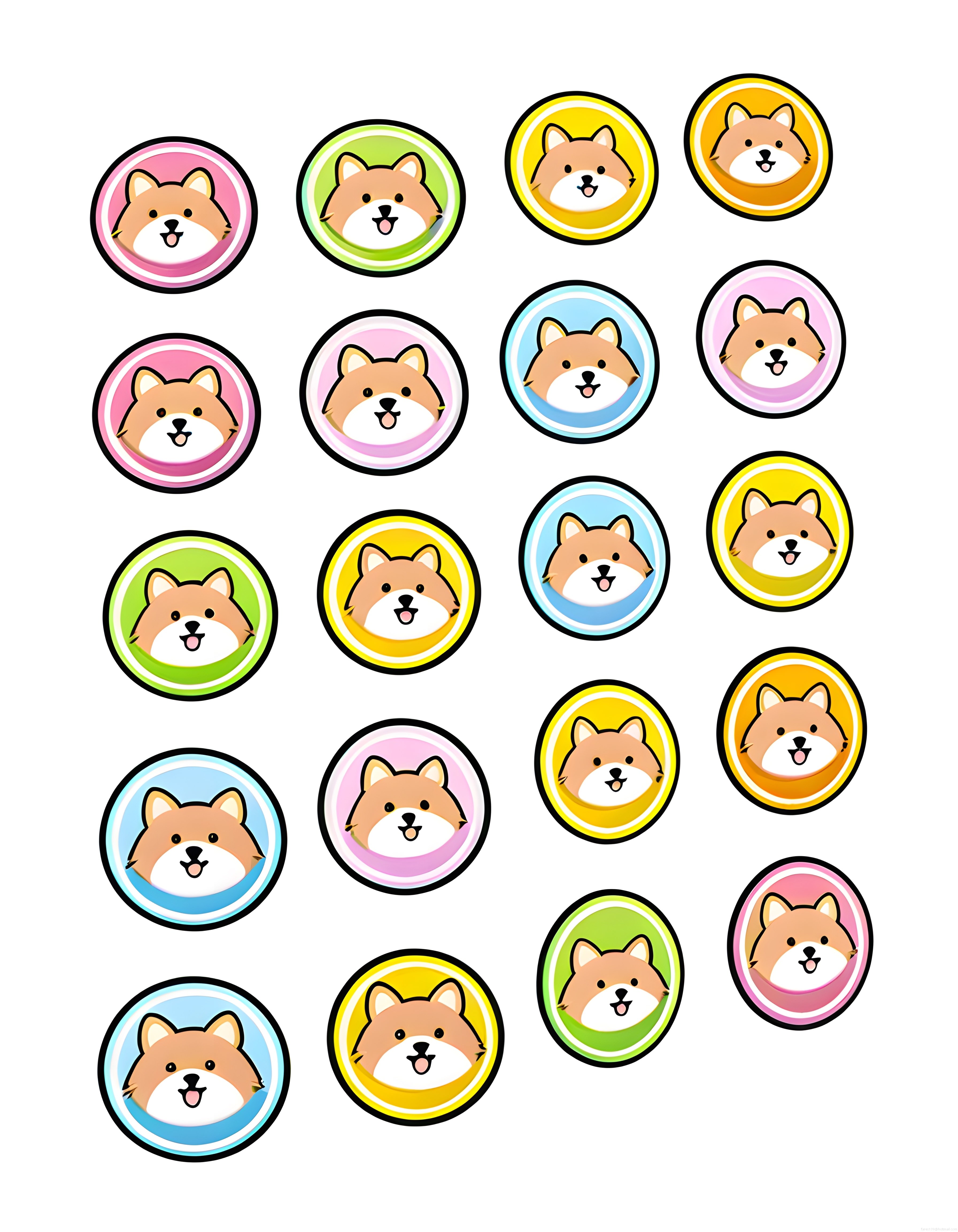 Neşeli Shiba Inu Köpek Stickerları: Renkli Dairelerde Sevimli Yüzler