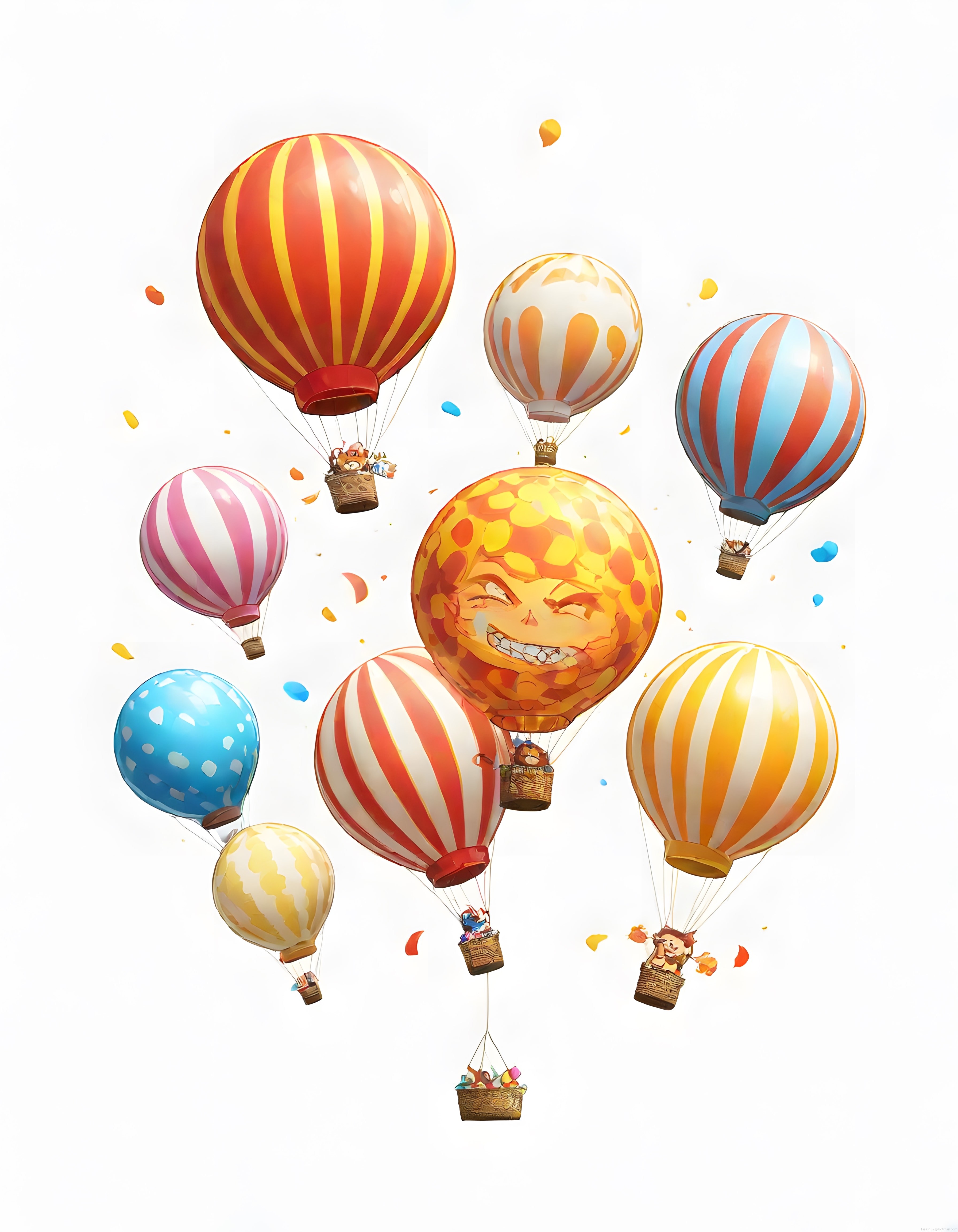 Neşeli Sıcak Hava Balonları ve Gülümseyen Güneş Yüzüyle Masalsı Gökyüzü