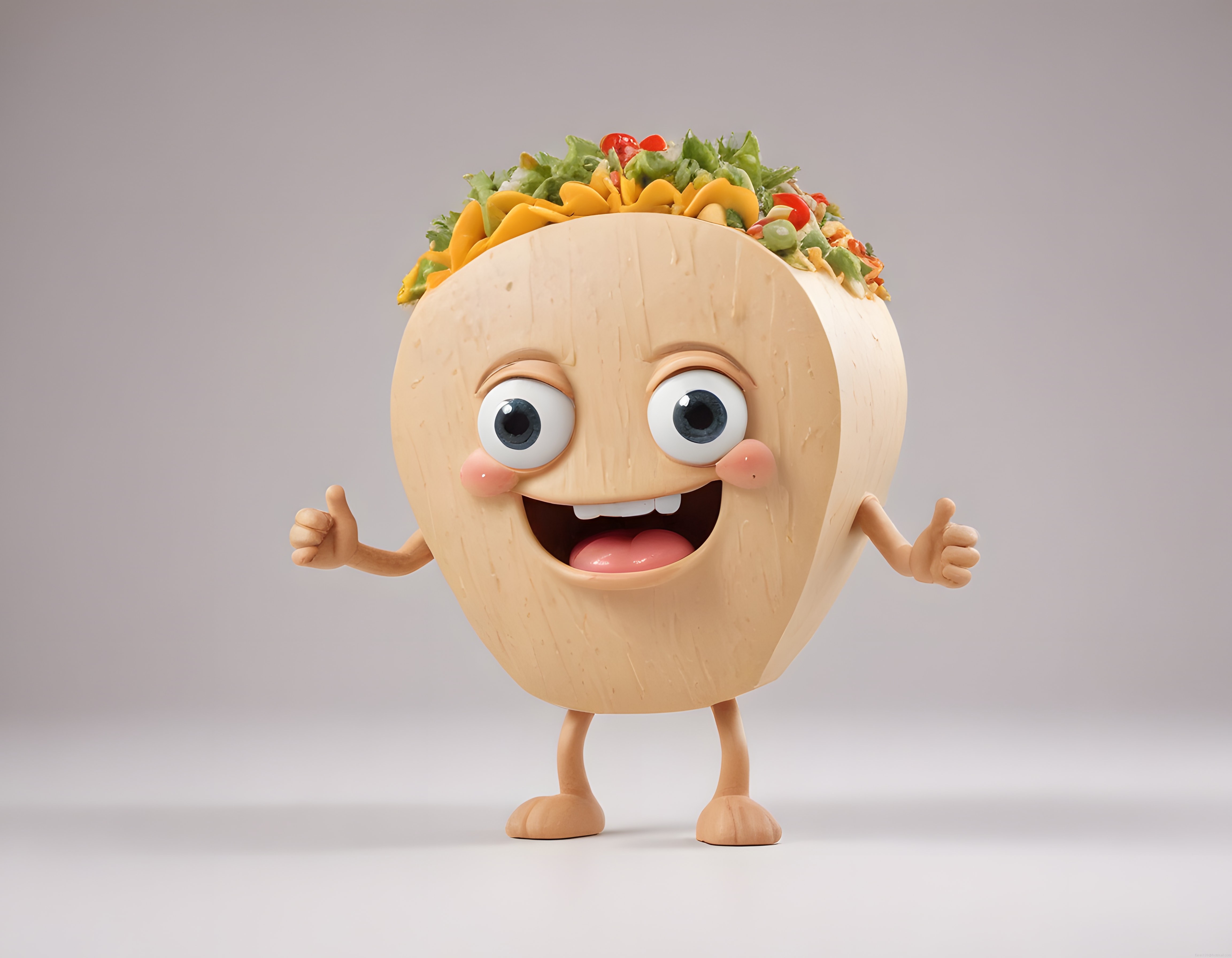 Neşeli üç boyutlu taco maskotu büyük gülümsemeyle çift eliyle beğeni gösteriyor