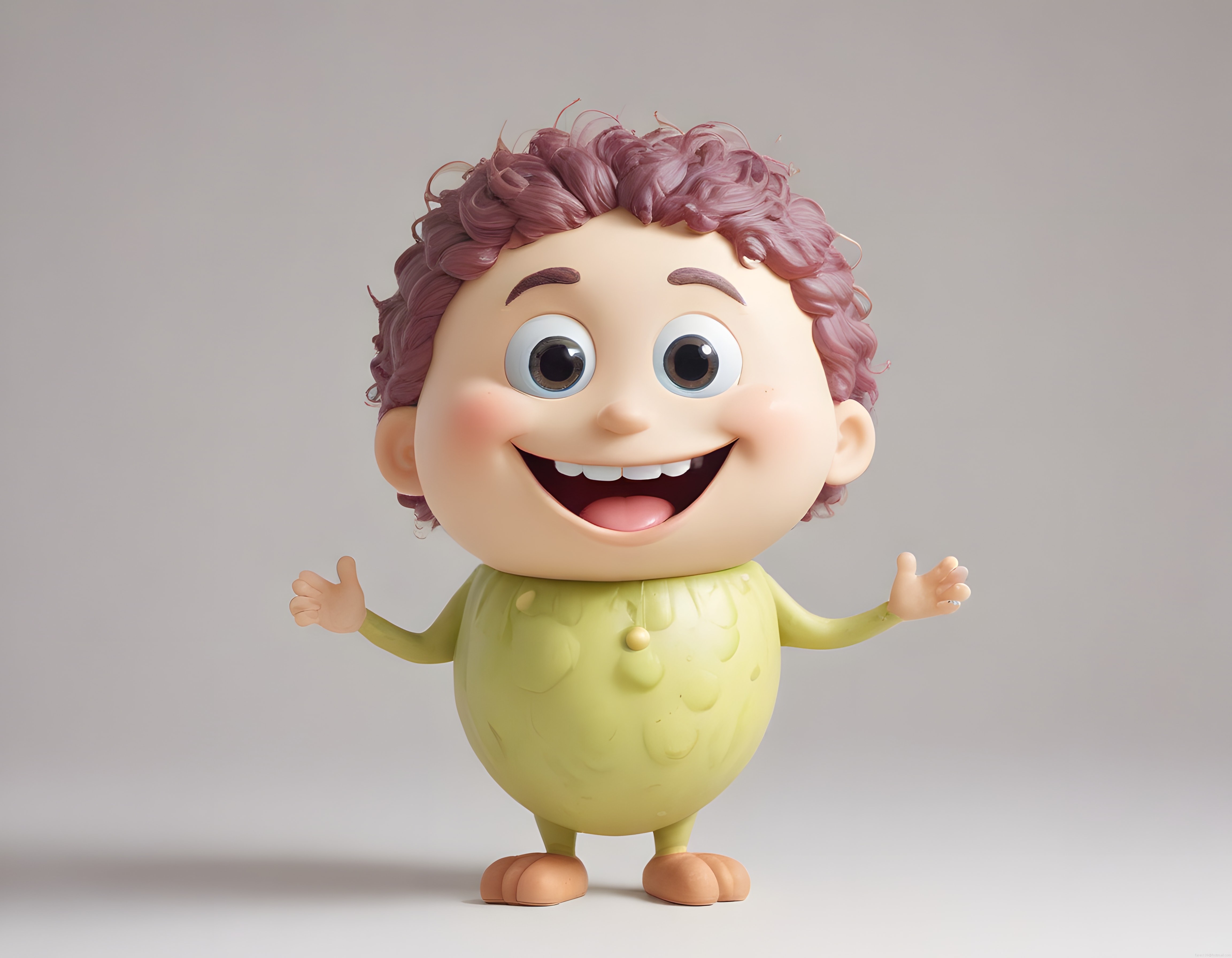 Neşeli ve Sevimli 3D Animasyon Karakteri: Mor Kıvırcık Saçlı Minik Figür