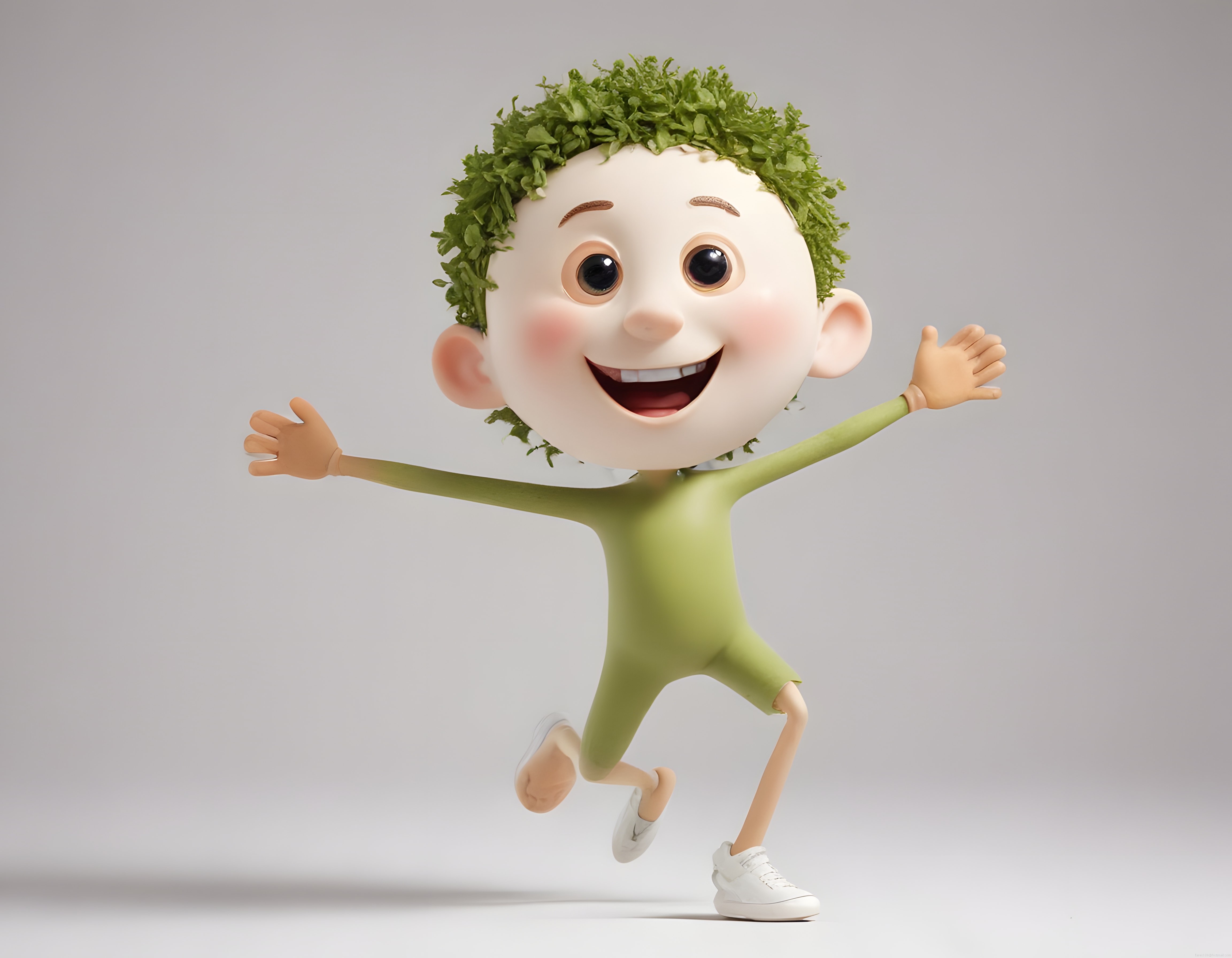 Neşeli Yaprak Saçlı 3D Çocuk Karakteri ve Sevimli Animasyon Tasarımı