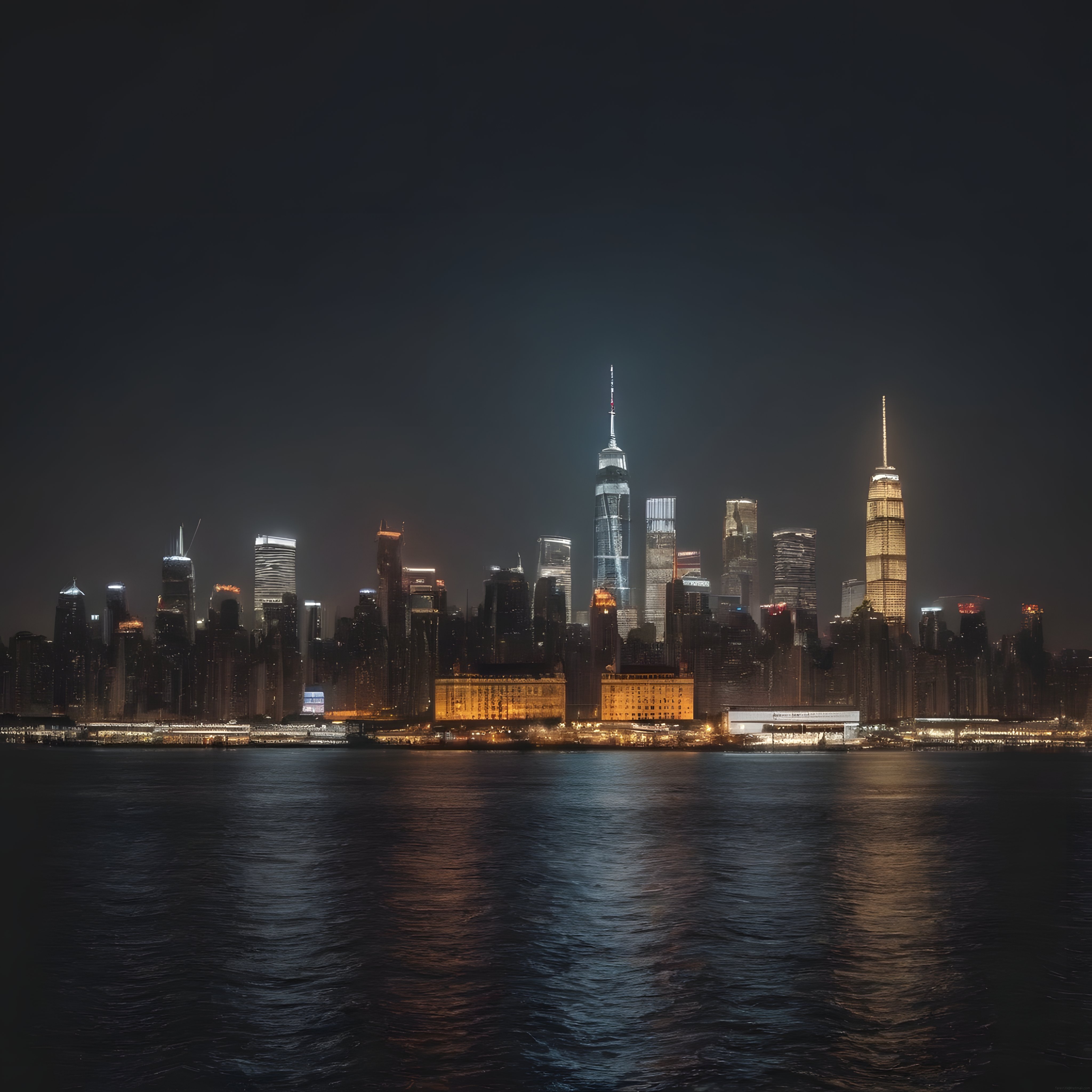 New York City Gece Manzarası: Suda Yansıyan Gökdelen Silüeti ve Işıklar