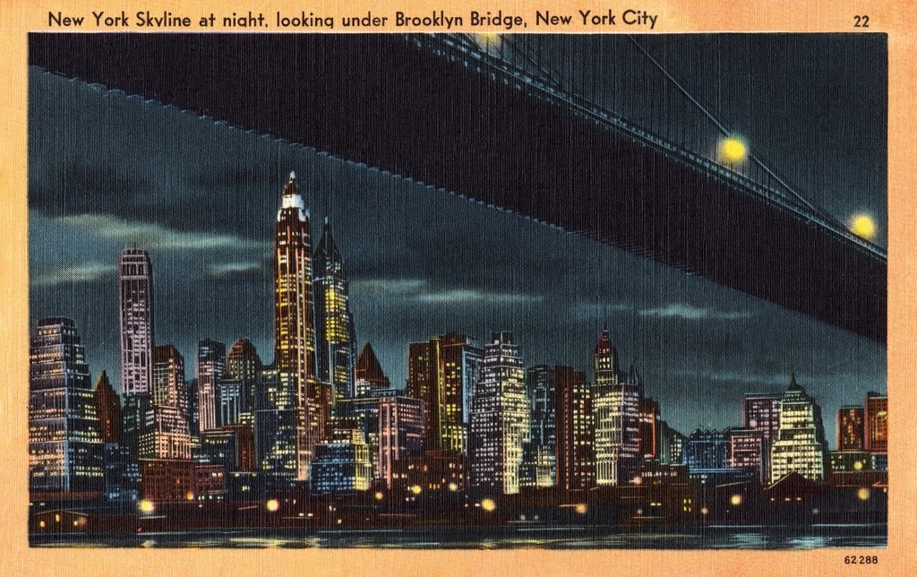 New York Gece Manzarası: Brooklyn Köprüsü Altından Vintage Kartpostal