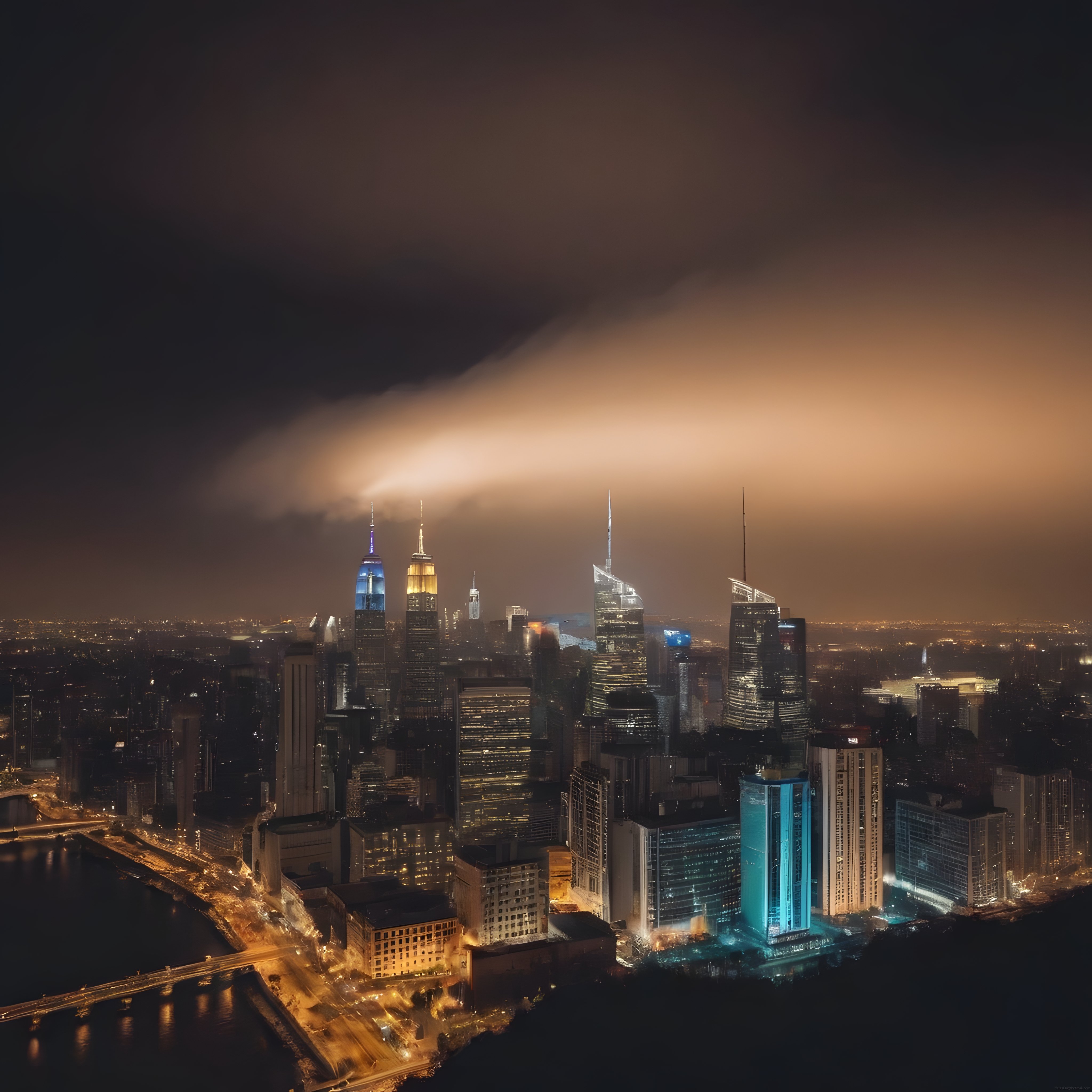 new york gece manzarası empire state building ve sisli bulutlu şehir silüeti