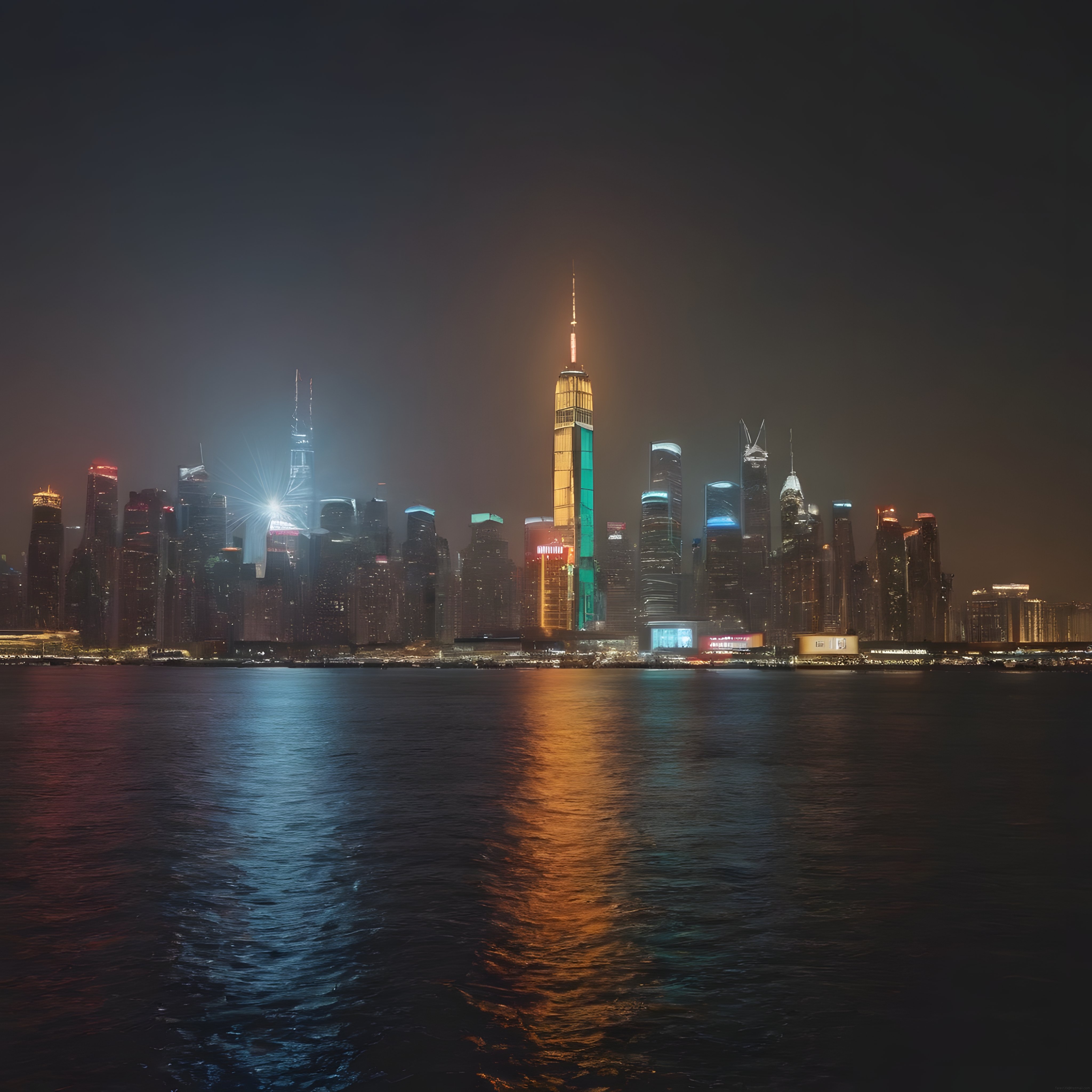 New York Gece Manzarası: Sisli Gökdelenler ve Suyun Üzerinde Dans Eden Işıklar