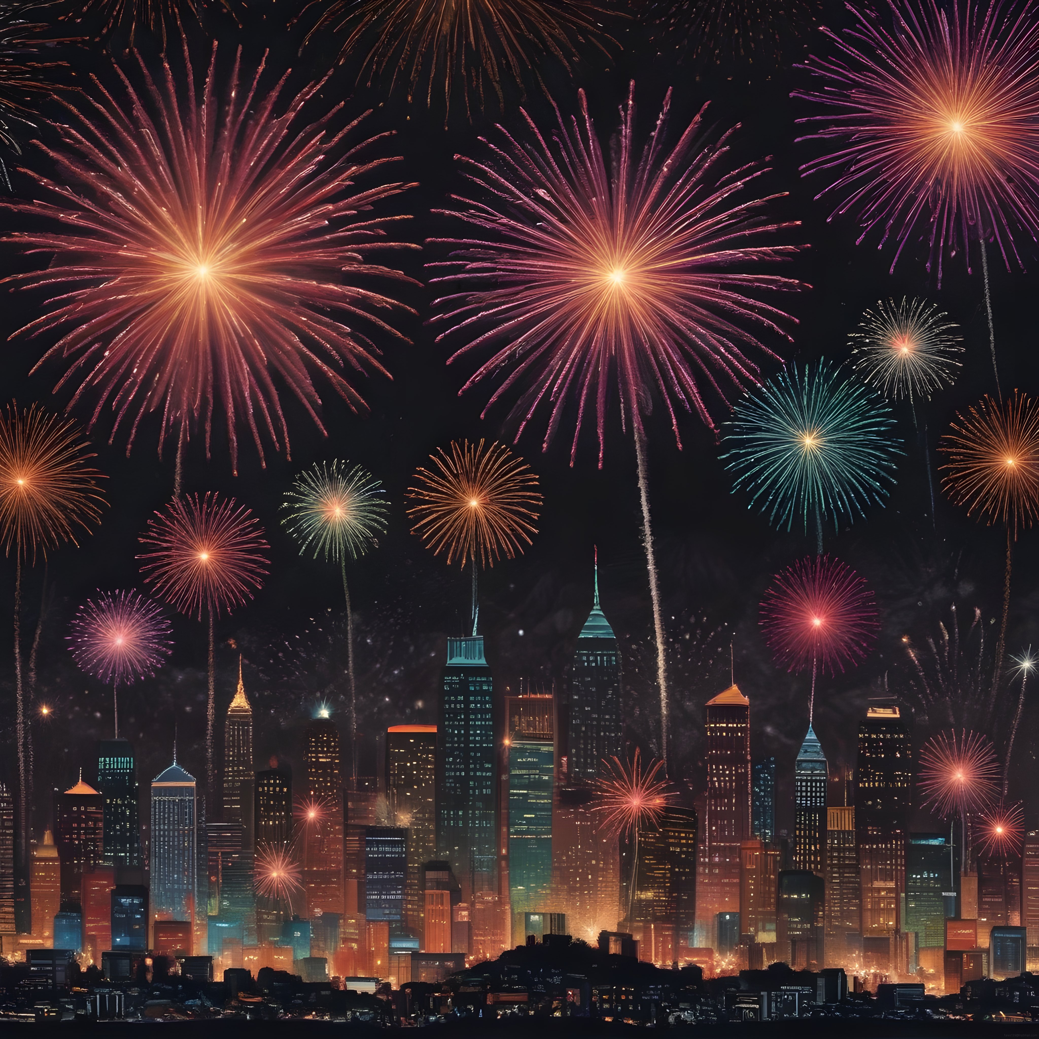 New York tarzı gökdelenler üzerinde renkli havai fişekler ve gece kutlaması