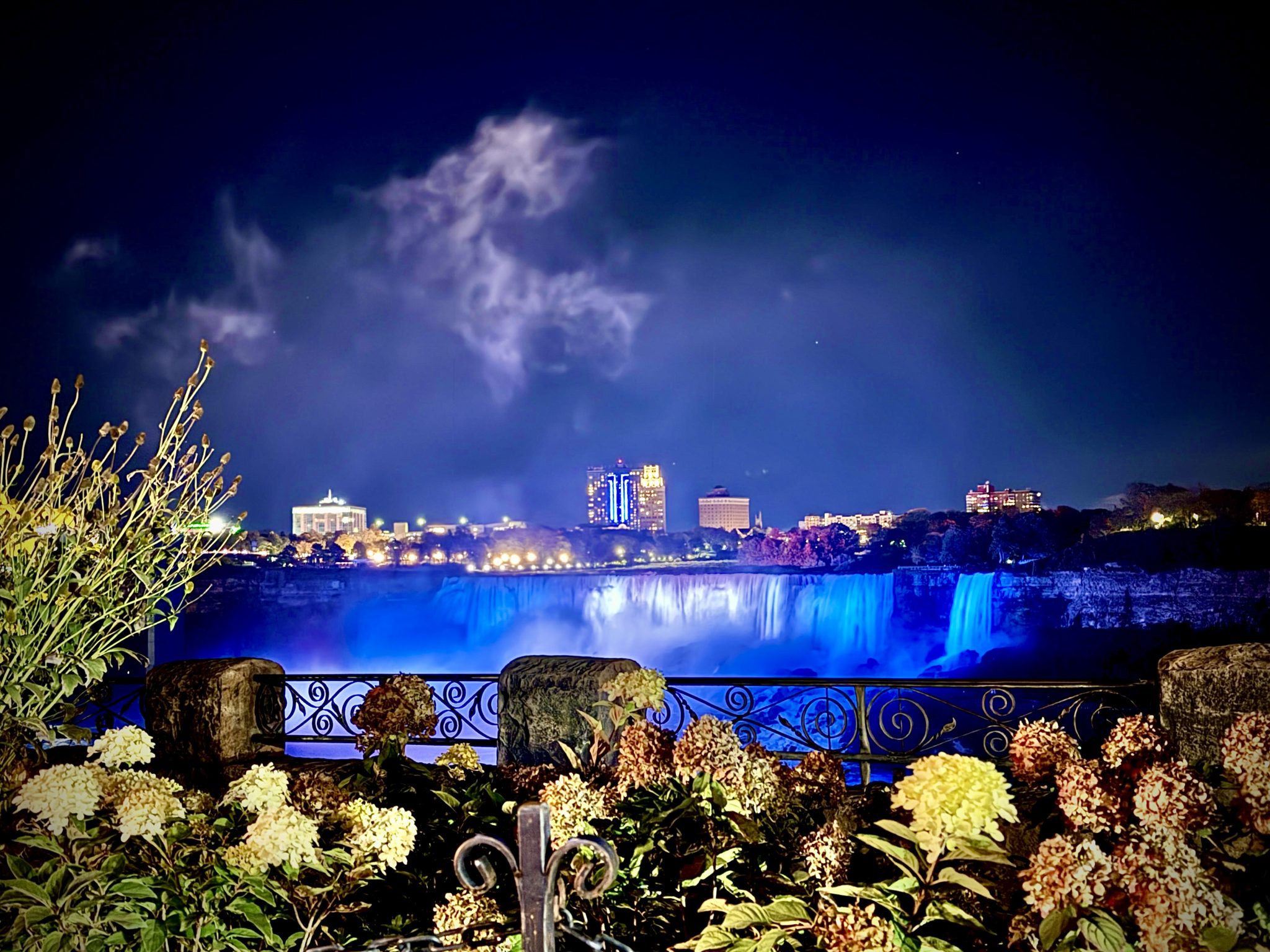 Niagara Şelalesi'nde Mavi Işıklar ve Çiçeklerle Süslü Gece Manzarası