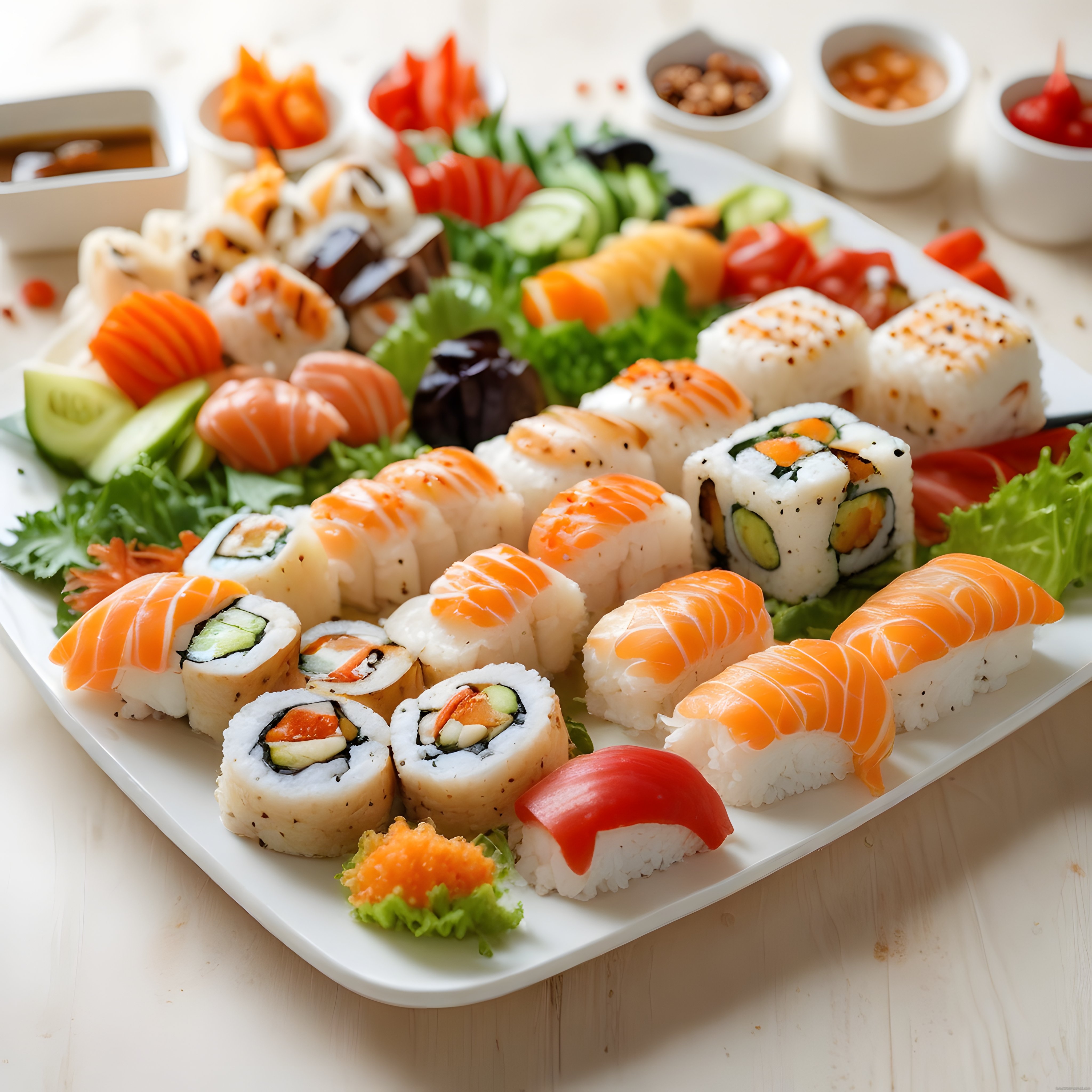 Nigiri ve maki çeşitleriyle zenginleştirilmiş özenli suşi sunum tabağı