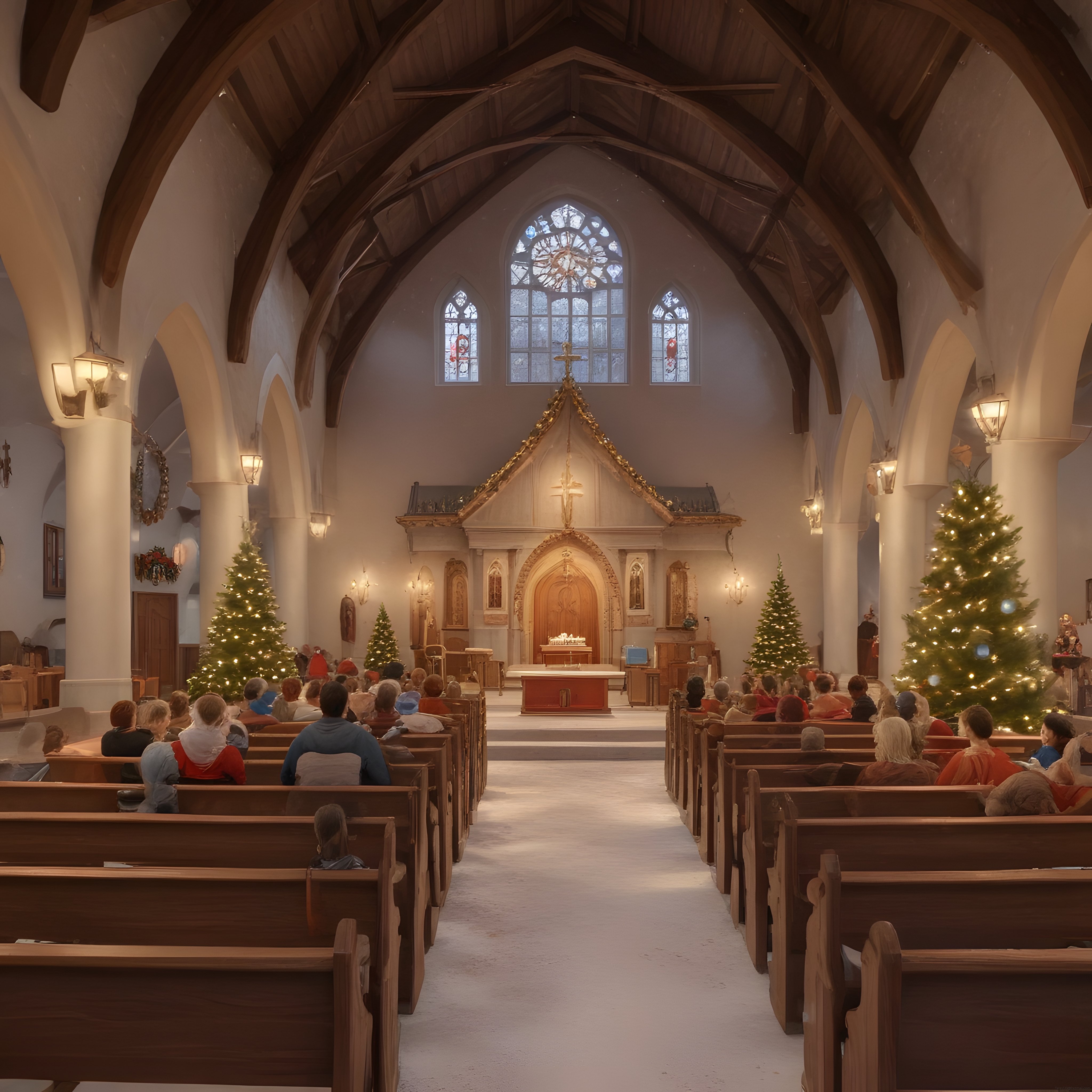 Noel Ağaçlarıyla Süslenmiş Tarihi Kilise İçi ve Dini Ayin Atmosferi