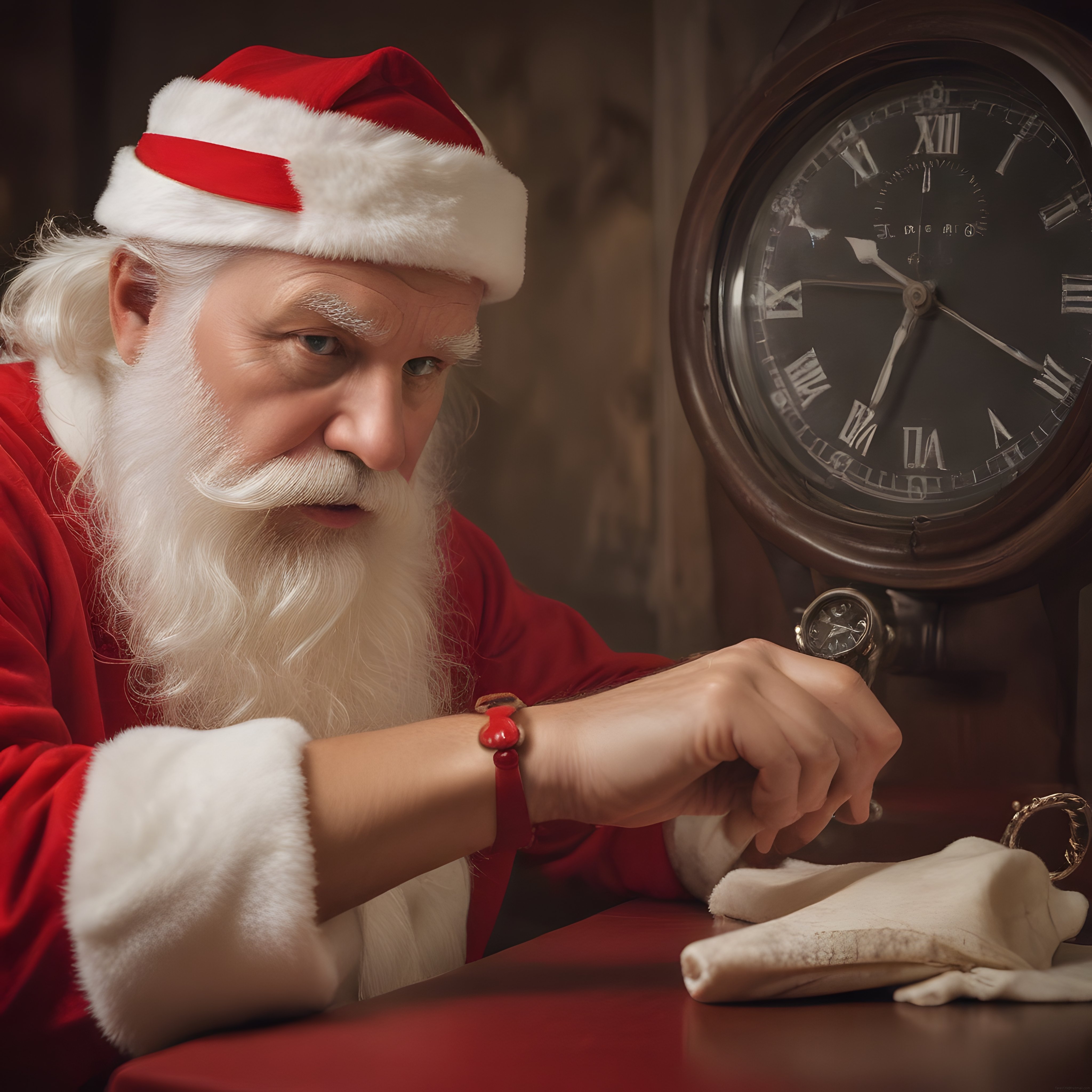 Noel Baba Kol Saatine Bakıyor, Arka Planda Dev Antika Duvar Saati