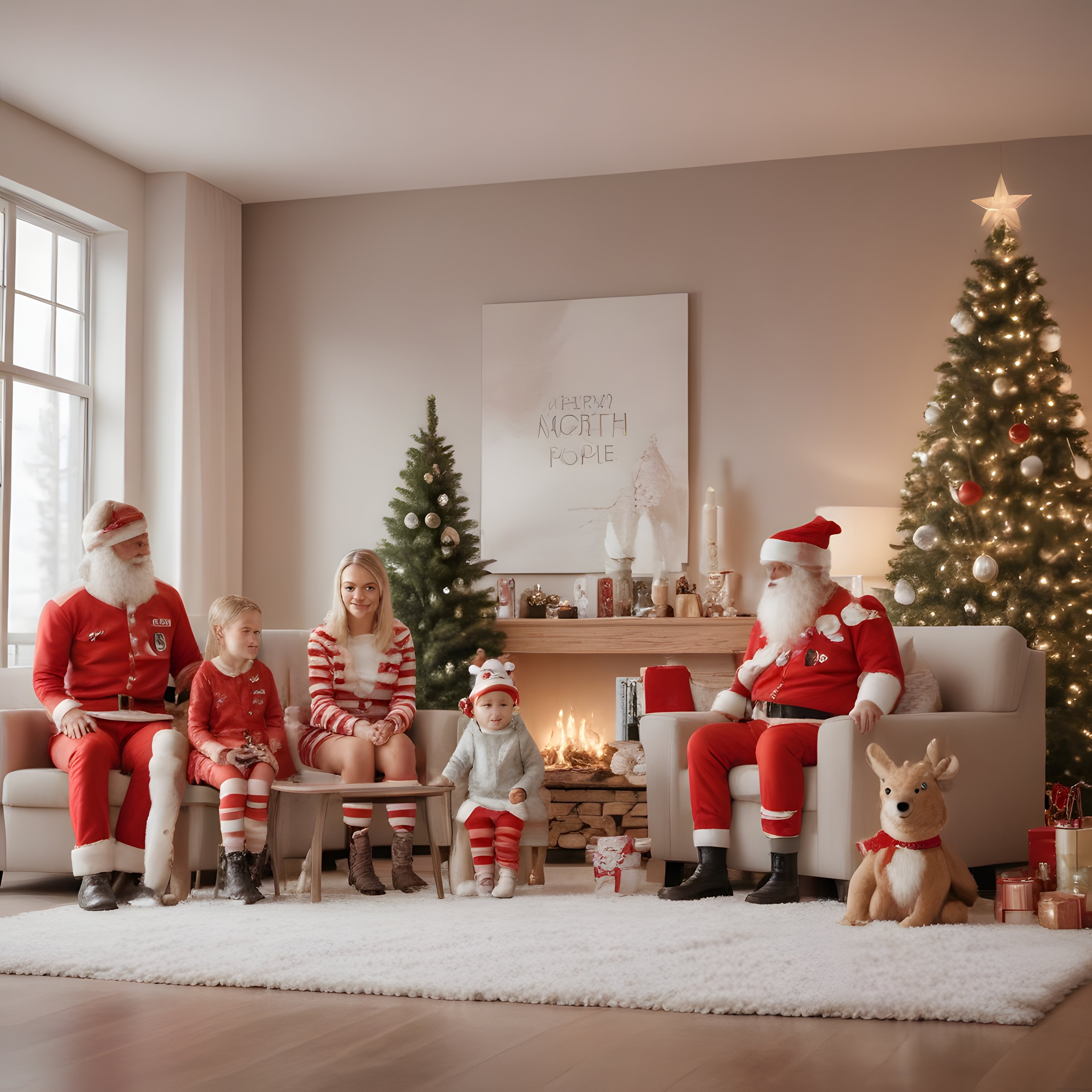 Noel Baba Kostümleriyle Şömine Başı Aile Pozu ve Sıcak Yılbaşı Atmosferi