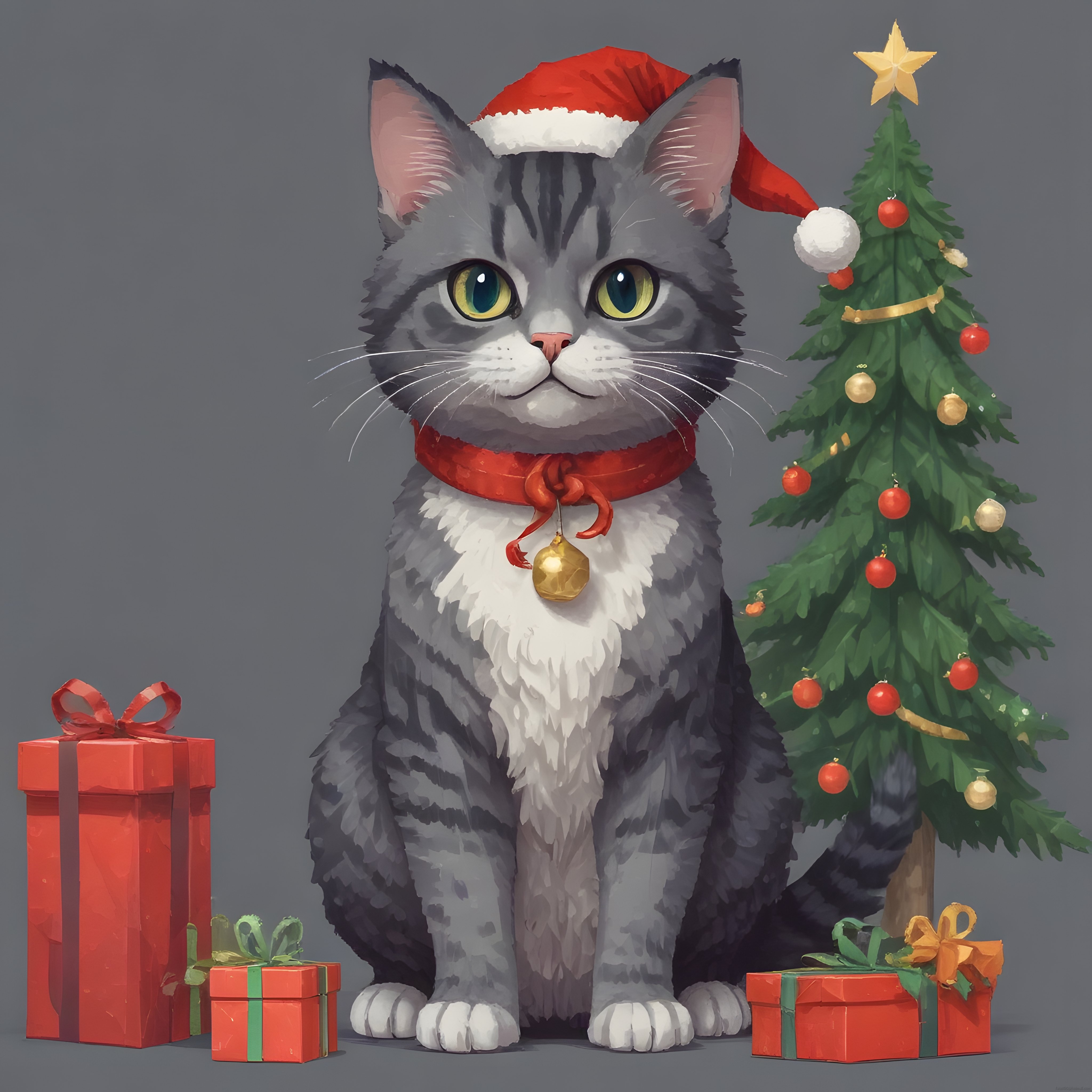 Noel Baba Şapkalı Gri Kedi, Yılbaşı Ağacı ve Renkli Hediyeler