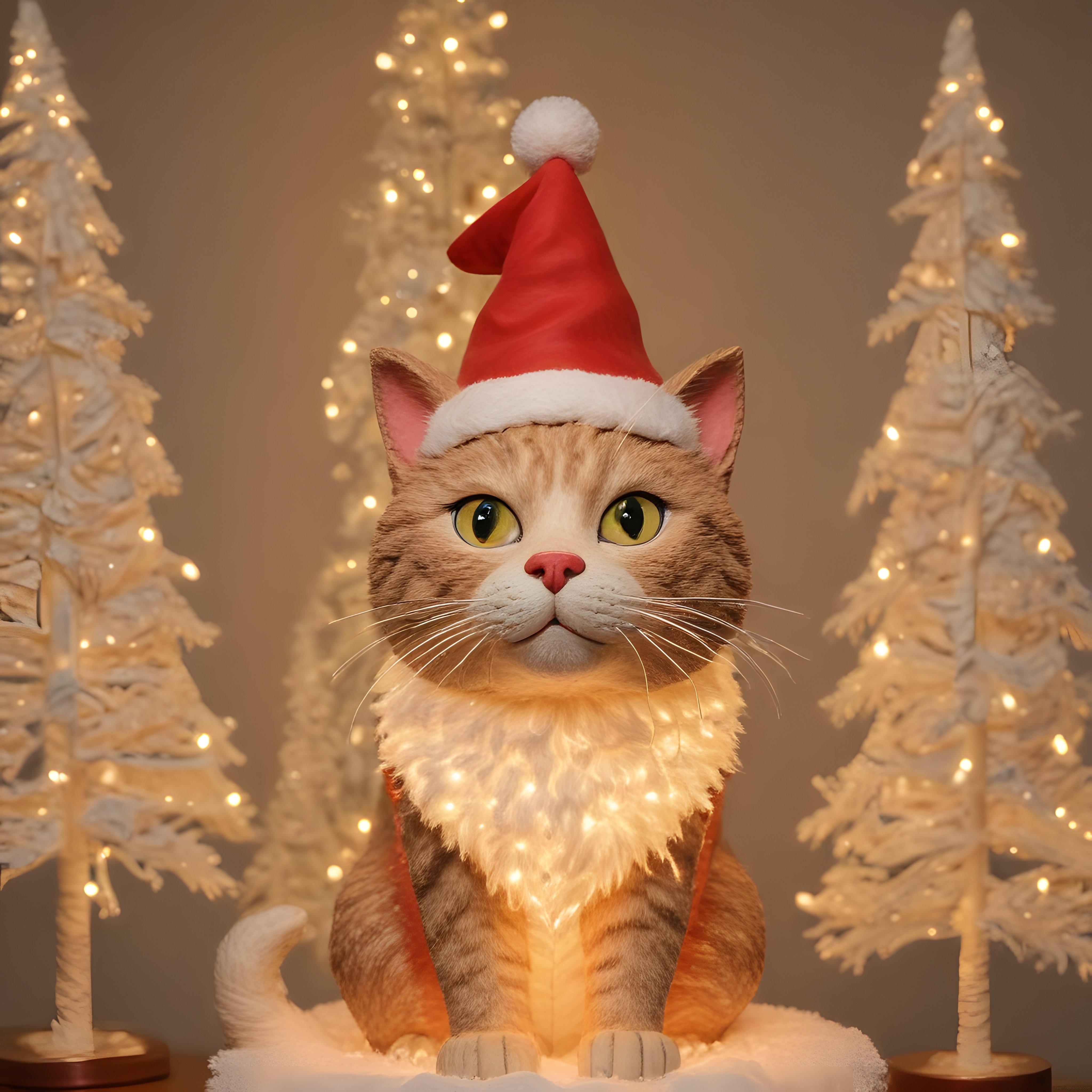 Noel Baba Şapkalı Sevimli Kedi ve Işıltılı Yılbaşı Ağaçlarıyla Büyülü Gece