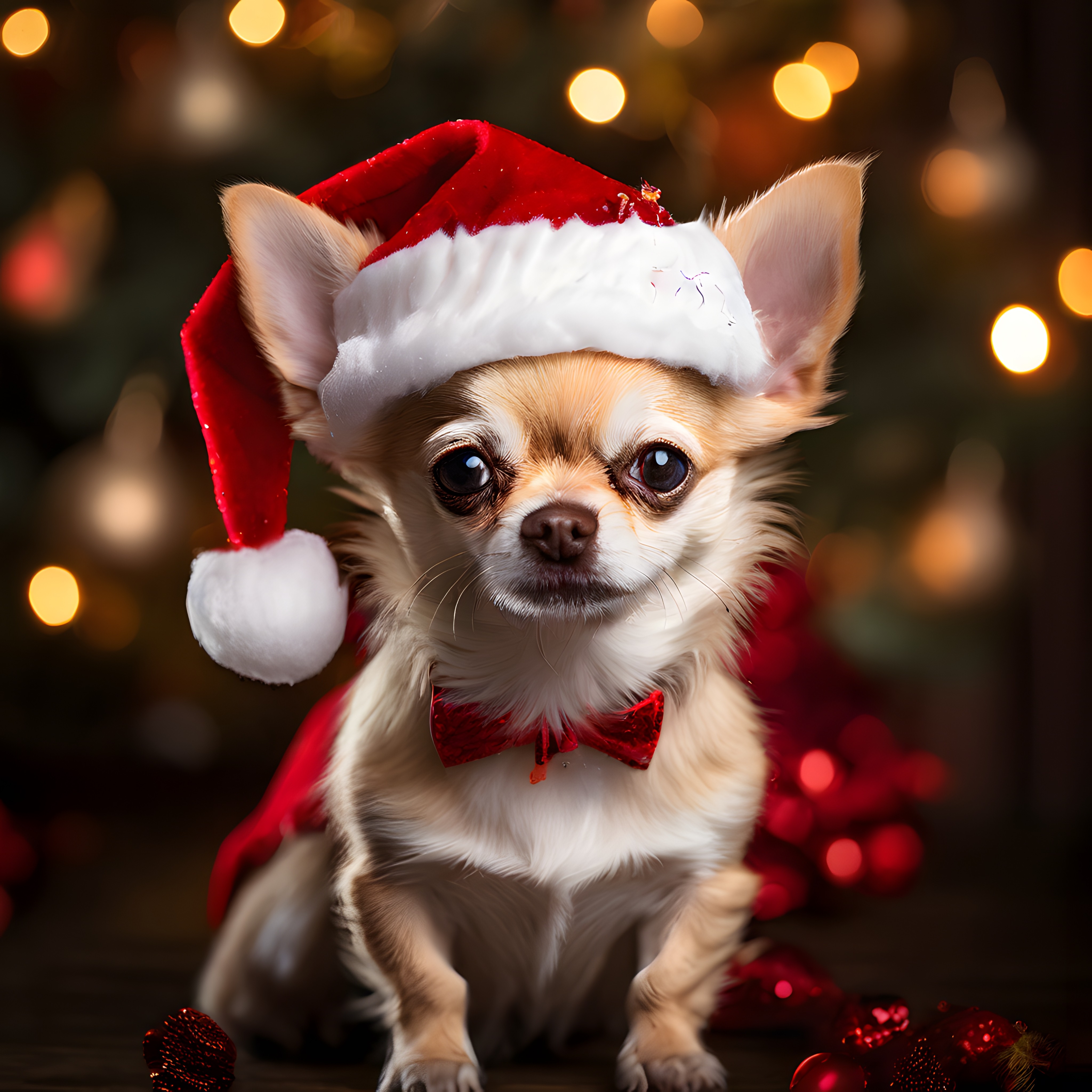 Noel Baba Şapkalı ve Kırmızı Papyonlu Sevimli Chihuahua Köpek Portresi