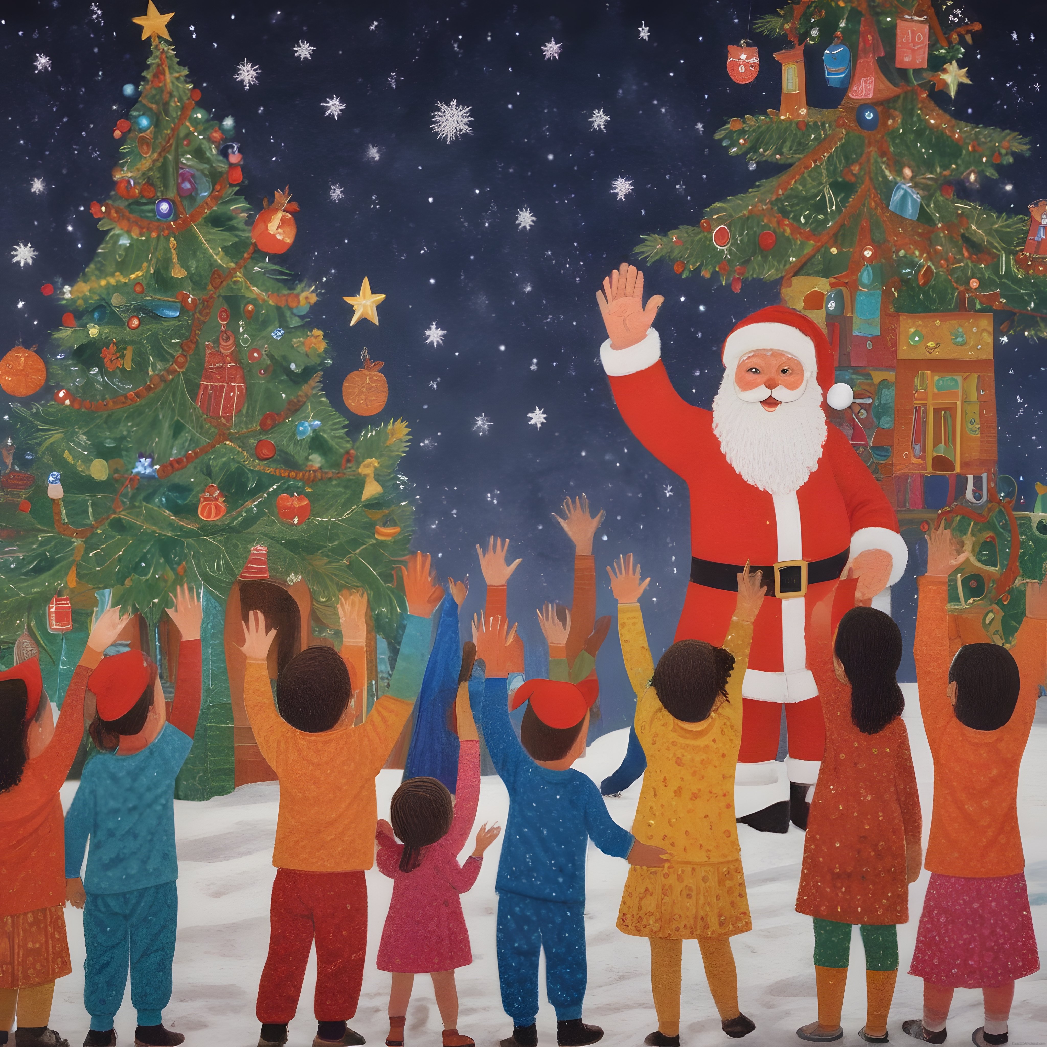 Noel Baba ve Çocukların Karlı Yılbaşı Gecesindeki Neşeli Buluşması