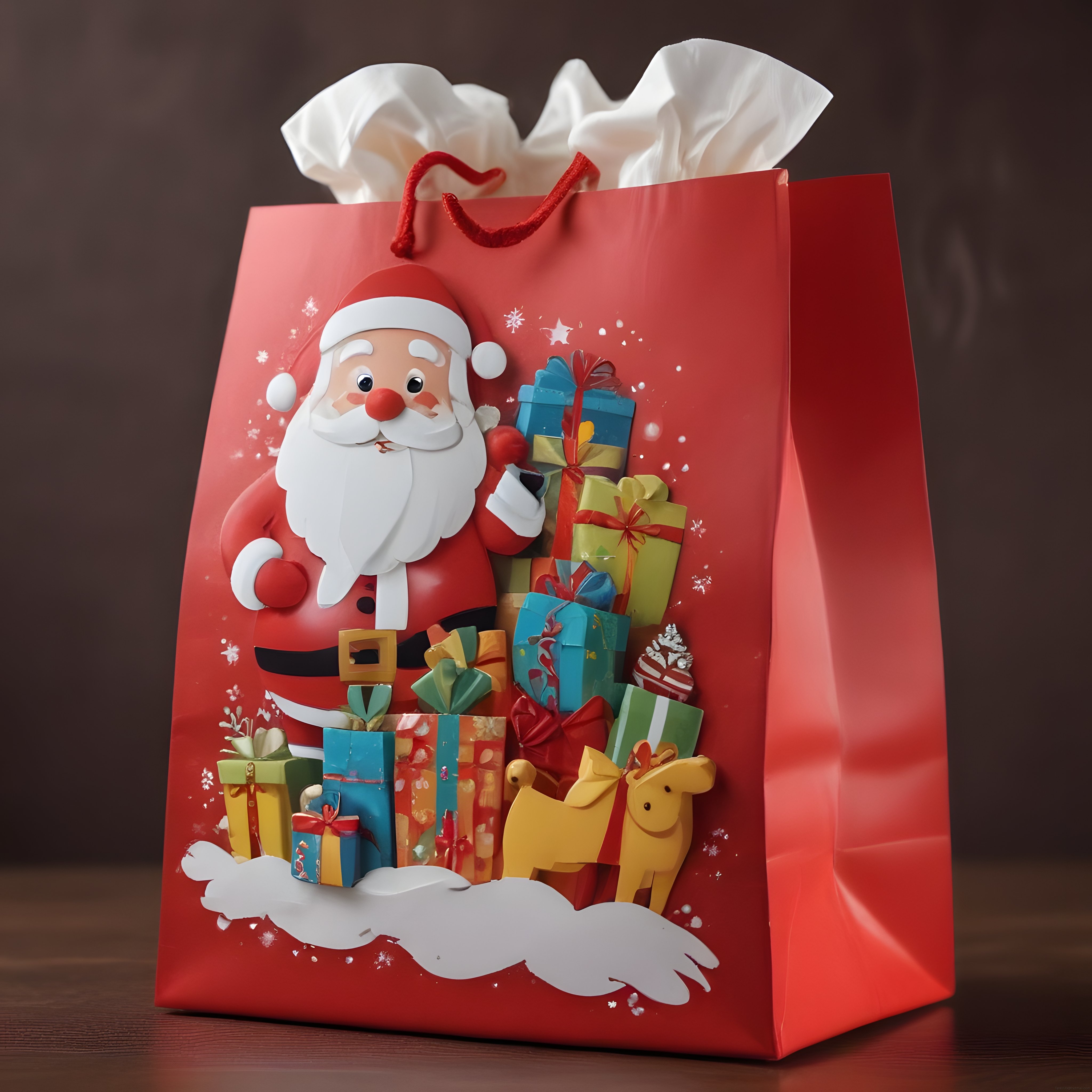 Noel Baba ve Ren Geyiği Süslemeli Kırmızı Yılbaşı Hediye Poşeti