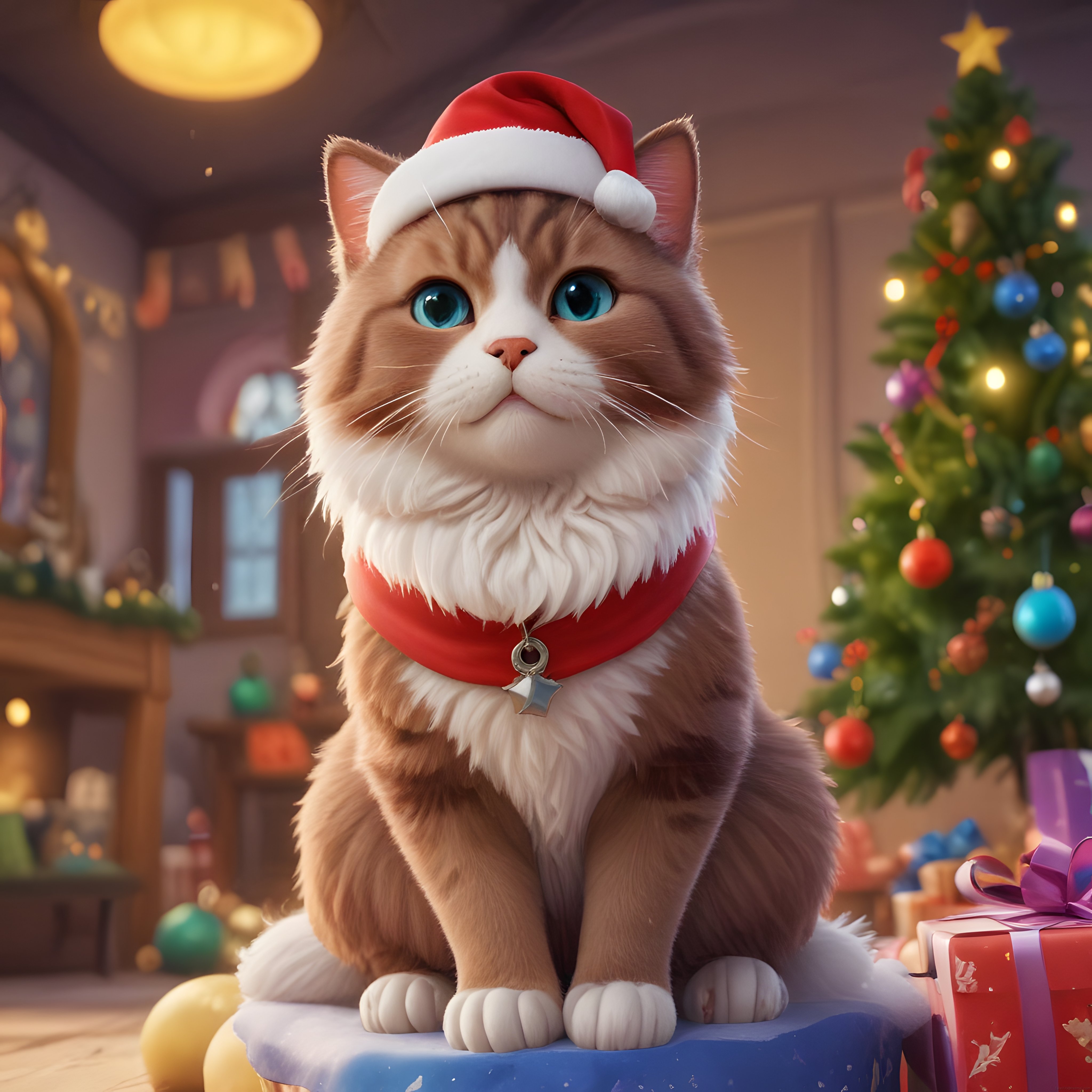 Noel Şapkalı Kabarık Kedi: Sıcak Yılbaşı Akşamında Sevimli Dost