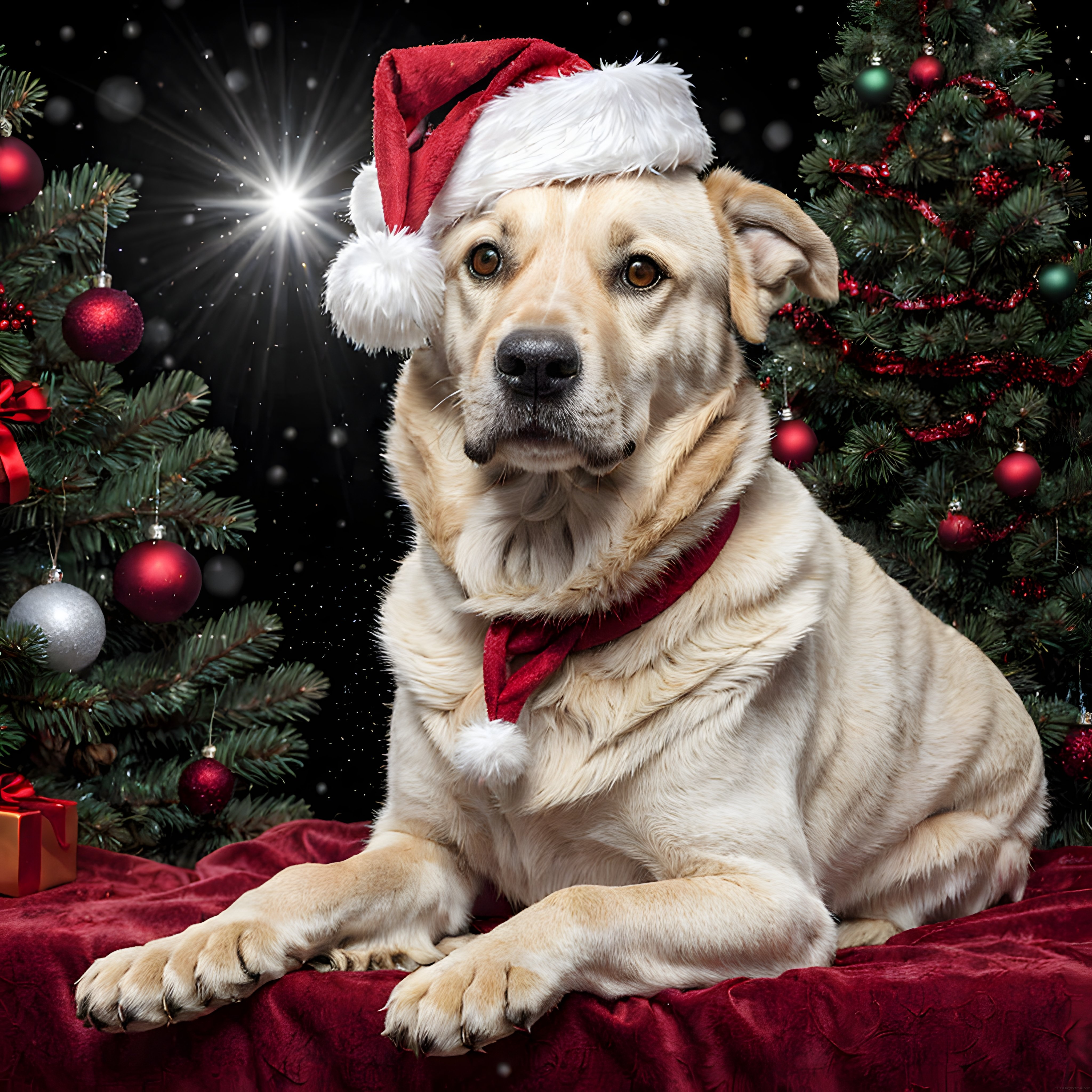 Noel şapkalı sevimli labrador retriever süslü ağaç önünde poz veriyor