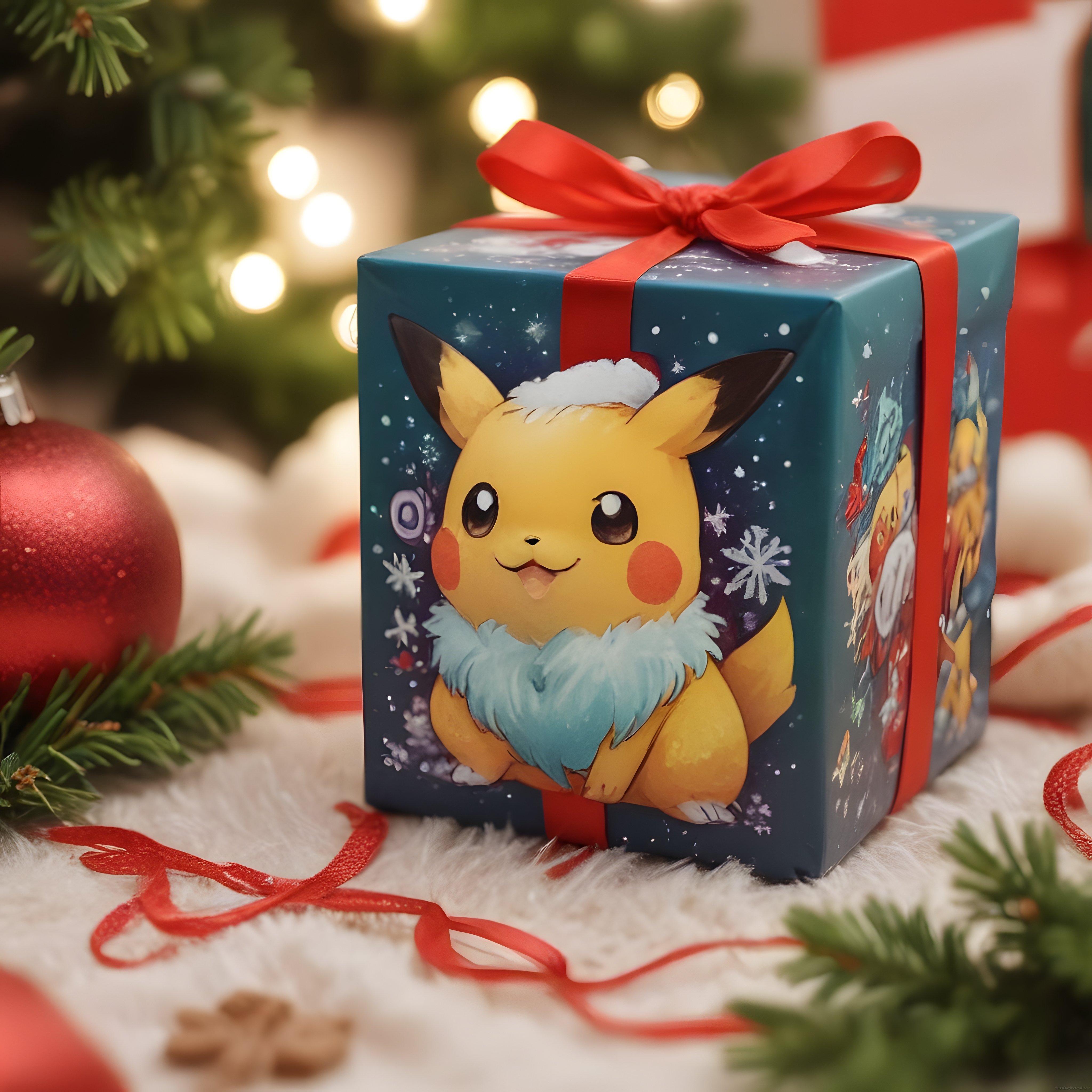Noel Süsleri Arasında Pikachu Baskılı Mavi Hediye Kutusu ve Kırmızı Kurdele