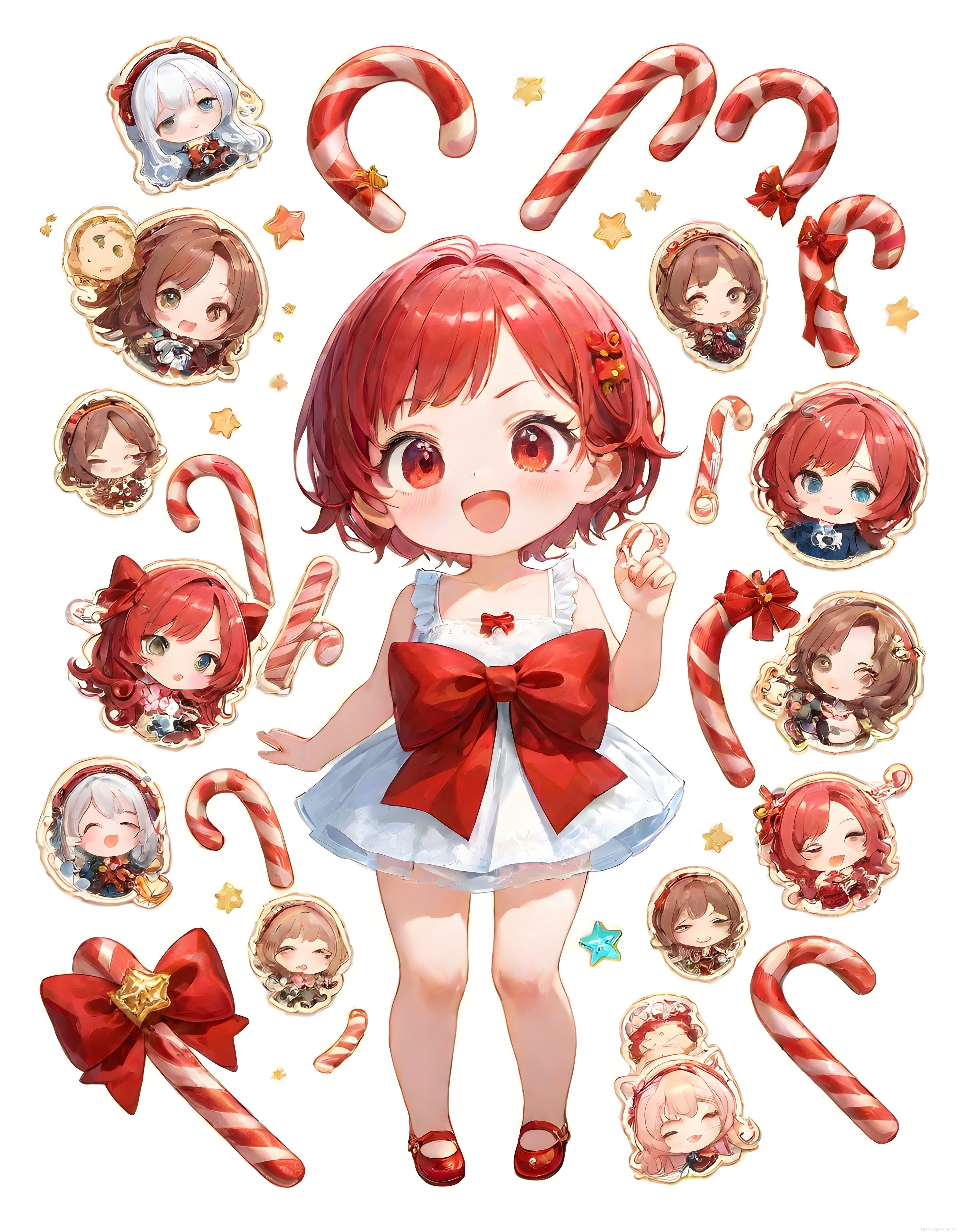 noel temalı sevimli anime kızı ve şeker kamışları ile chibi karakter illüstrasyonu