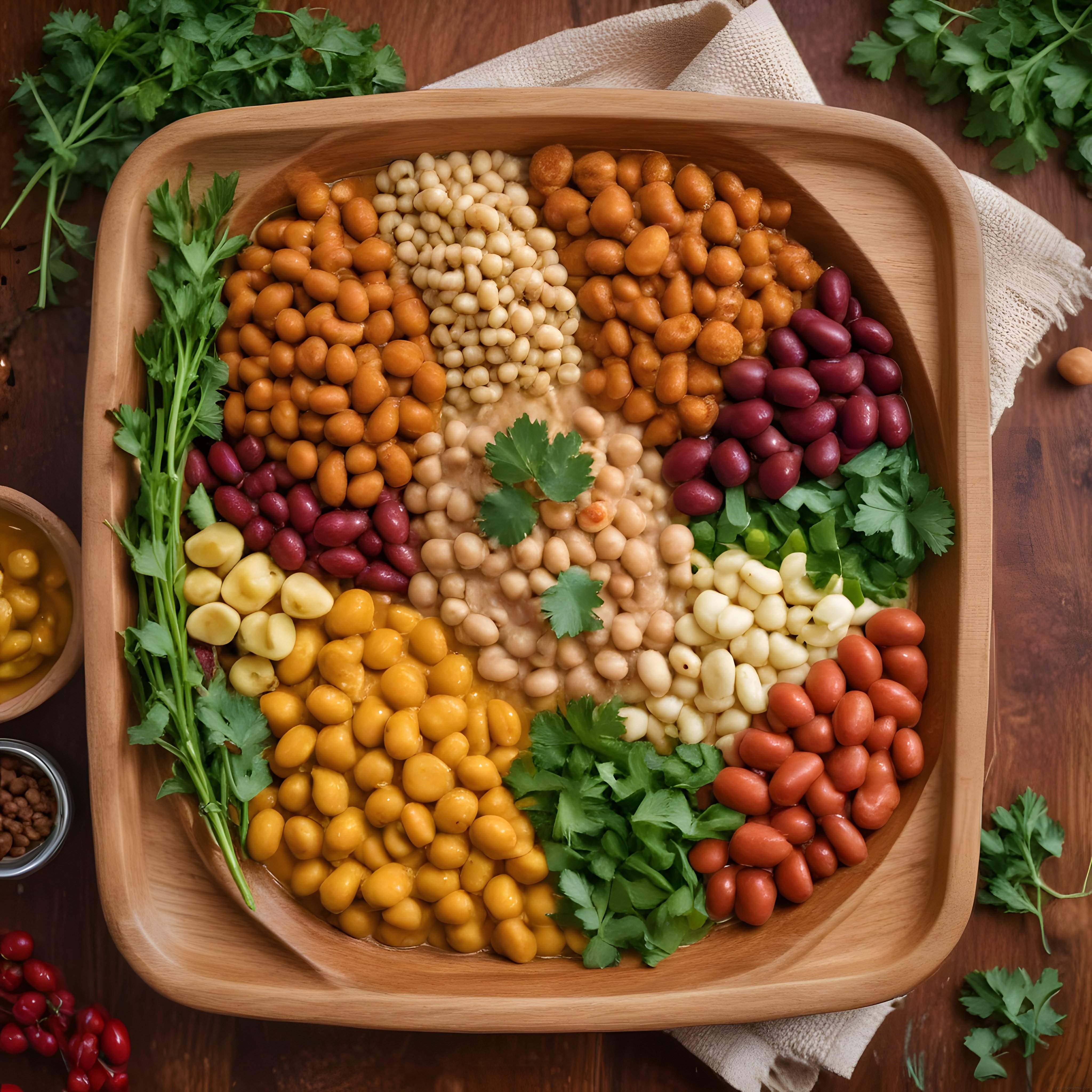 Nohut, Mercimek ve Humus ile Ahşap Tepside Geleneksel Kahvaltı Tabağı
