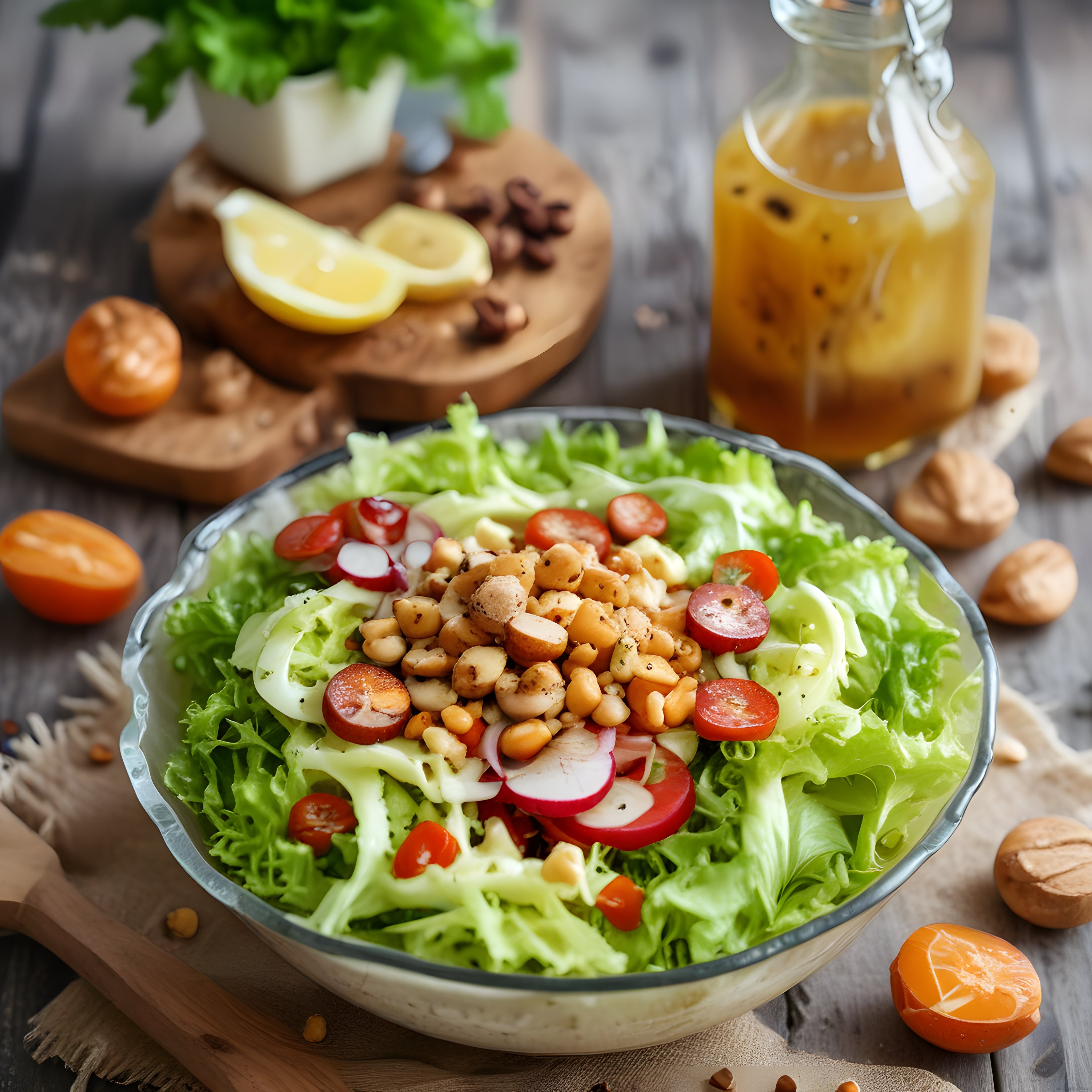 Nohut ve Fındıklı Taze Yeşillik Salatası ile Limonlu Vinaigrette Sosu