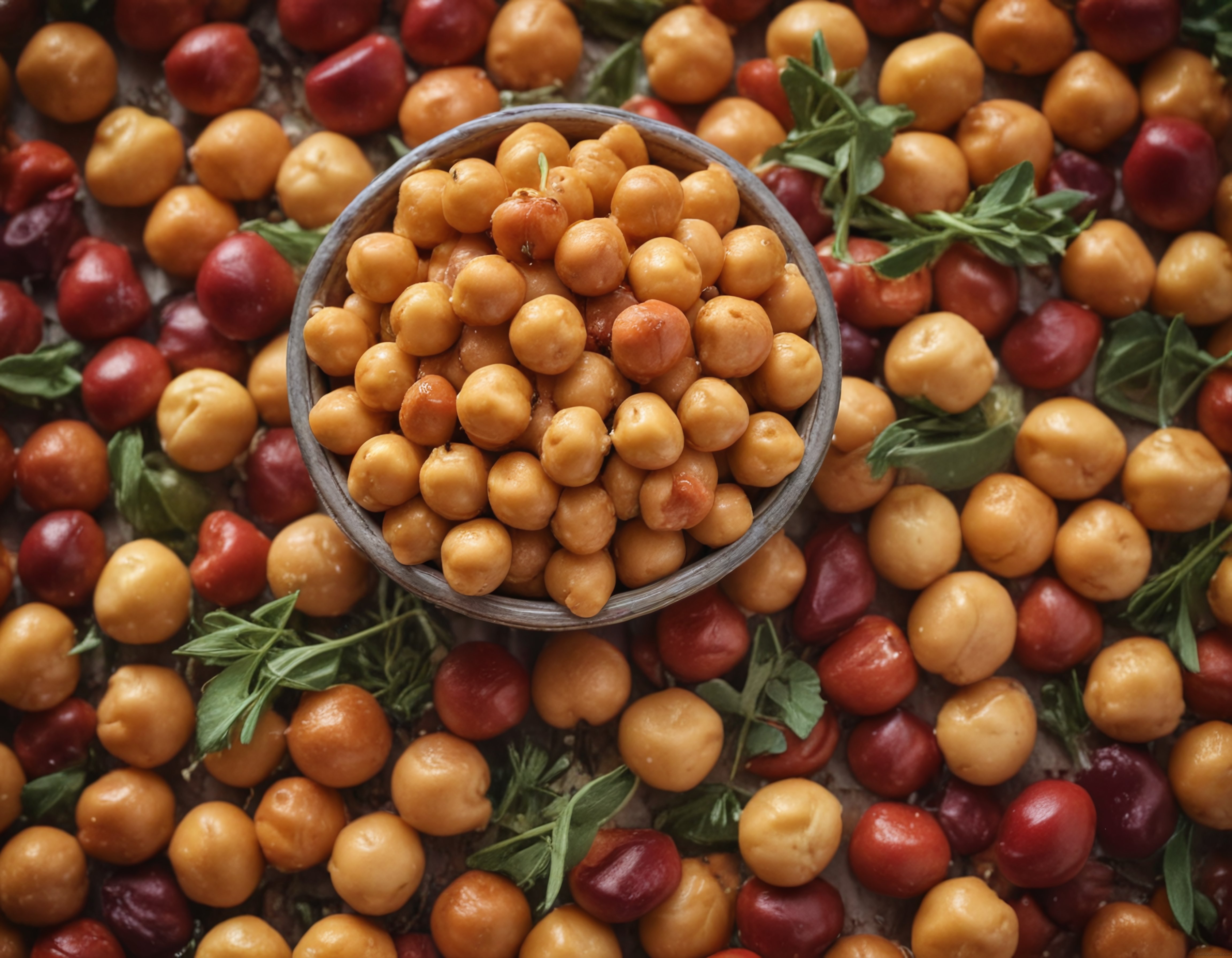 Nohut ve Renkli Bezelye ile Rustik Kapta Sağlıklı Vegan Malzeme Düzeni