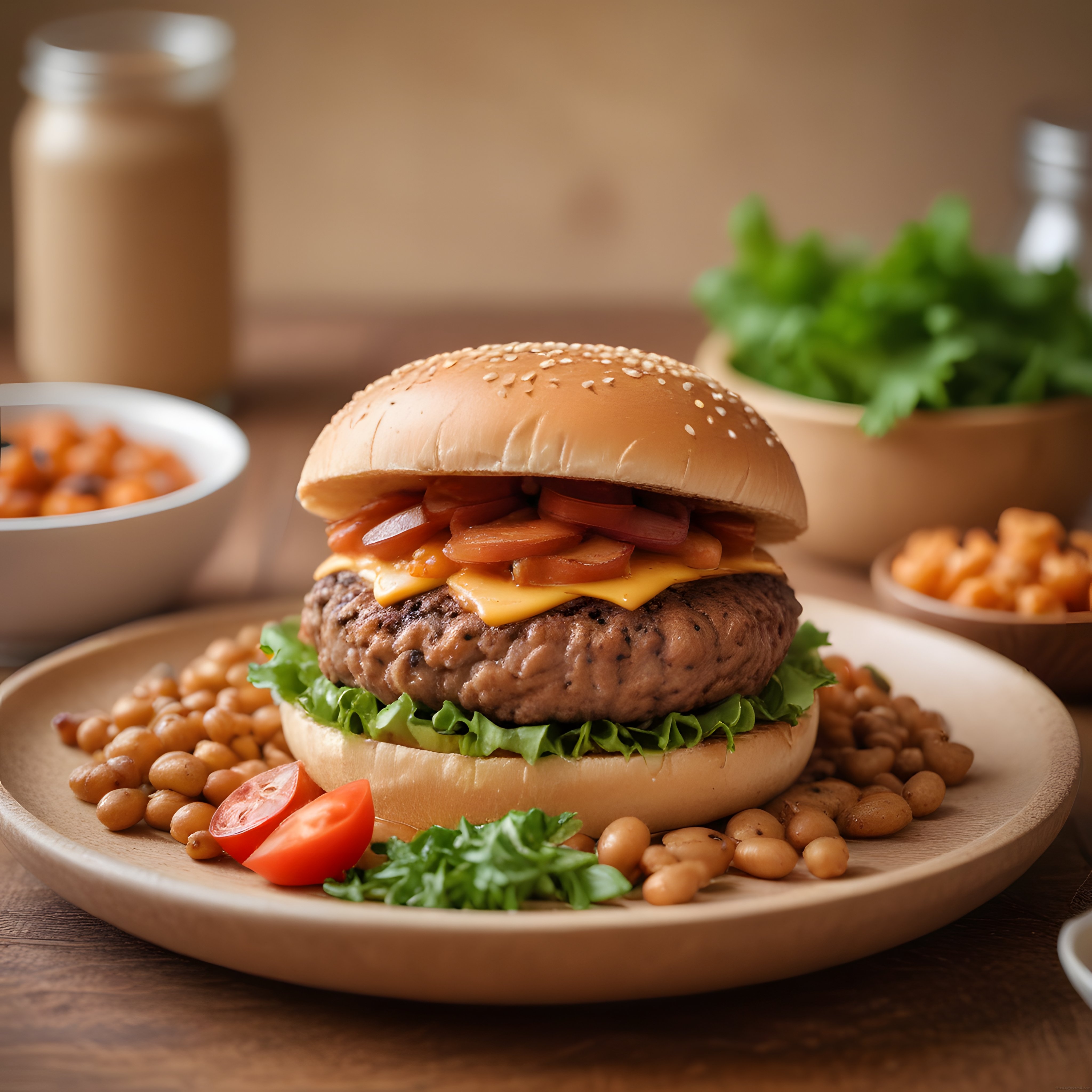 Nohut ve Yeşilliklerle Süslenmiş Ev Yapımı Hamburger Servis Önerisi