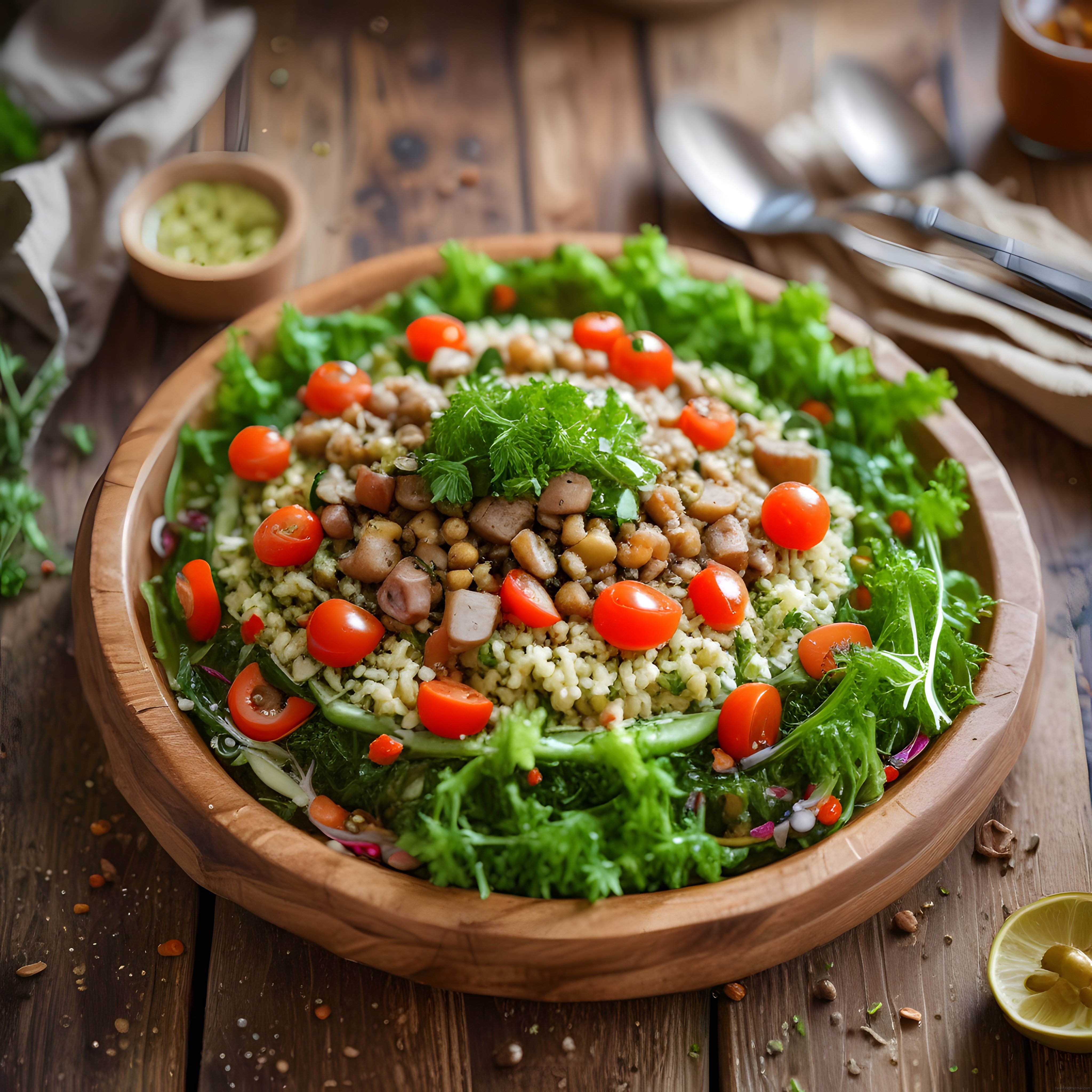 Nohutlu Bulgur Salatası ve Taze Sebzeler ile Ahşap Kasede Besleyici Öğün