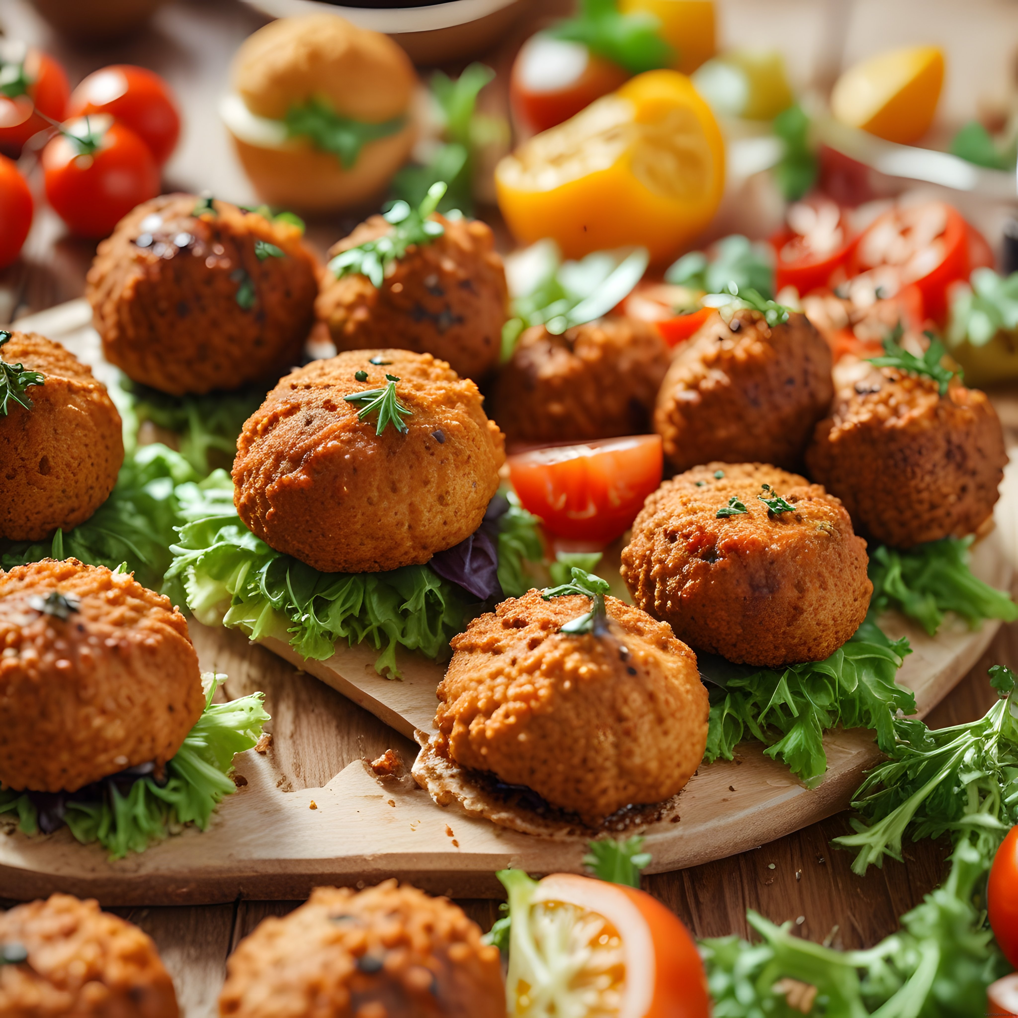 Nohutlu Falafel Topları ve Taze Yeşilliklerle Lezzetli Sunum Tahtası