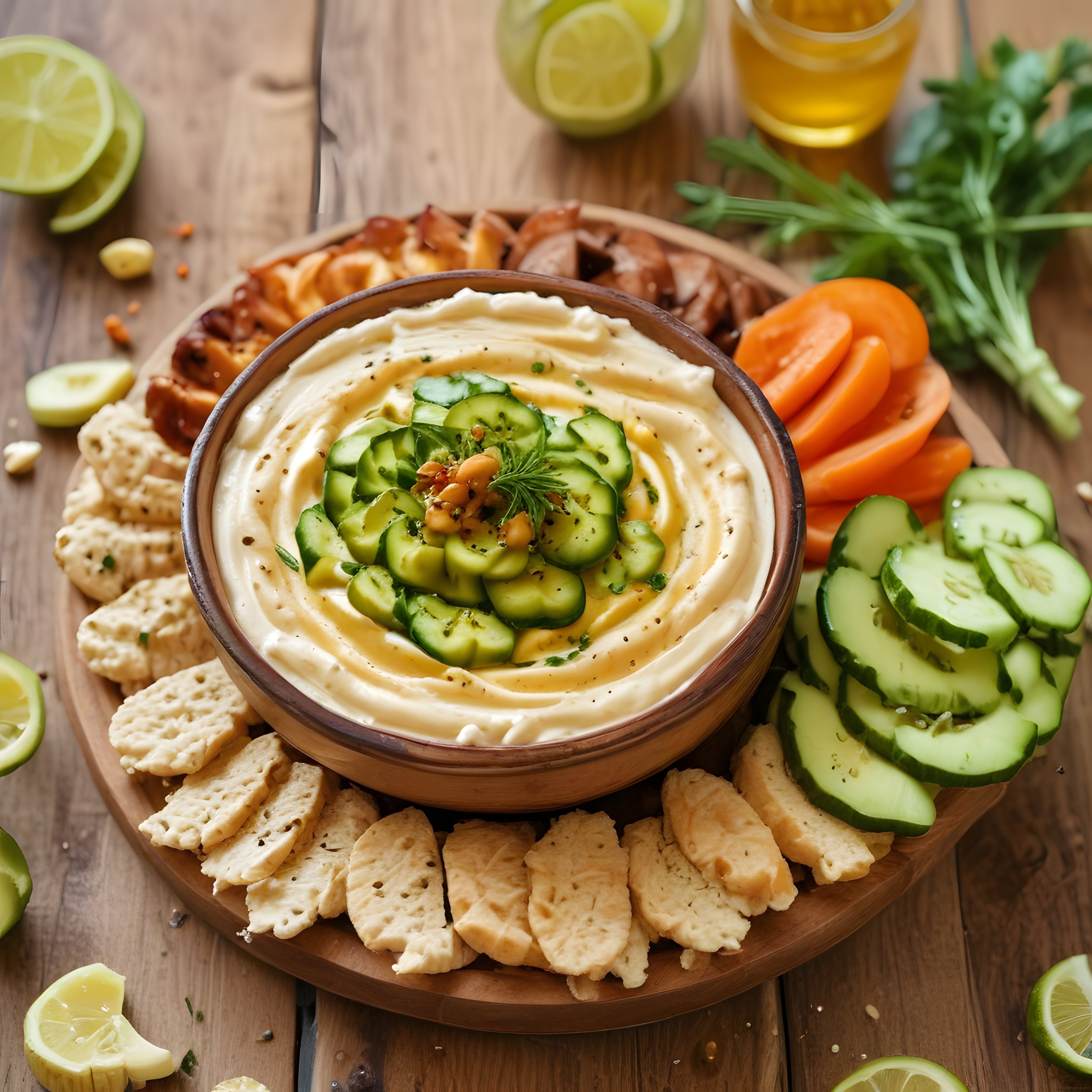 Nohutlu Humus Kasesi: Salatalık, Havuç ve Çıtır Krakerli Sağlıklı Sunum