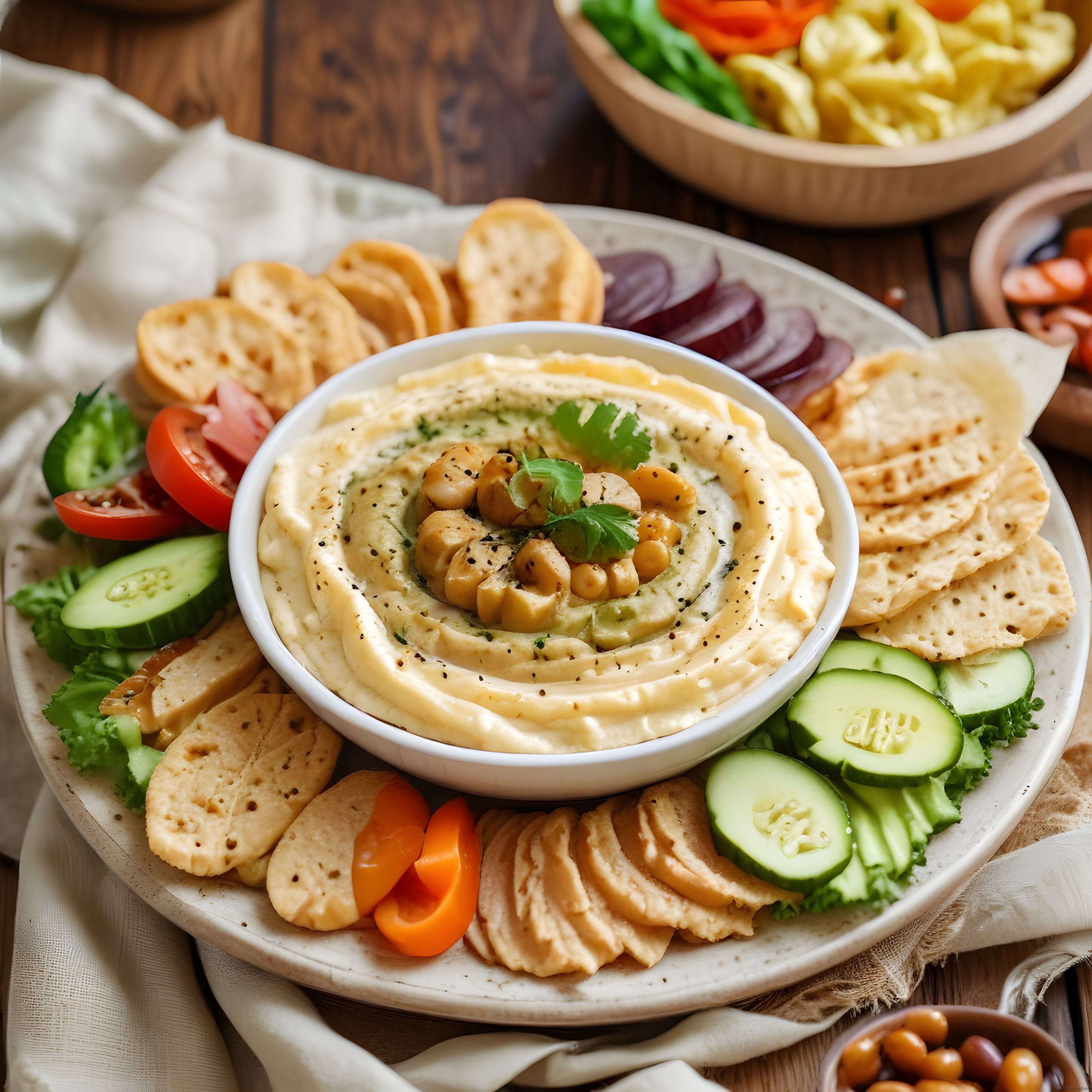 Nohutlu Humus Tabağı: Taze Sebzeler ve Krakerlerle Sağlıklı Meze Sunumu