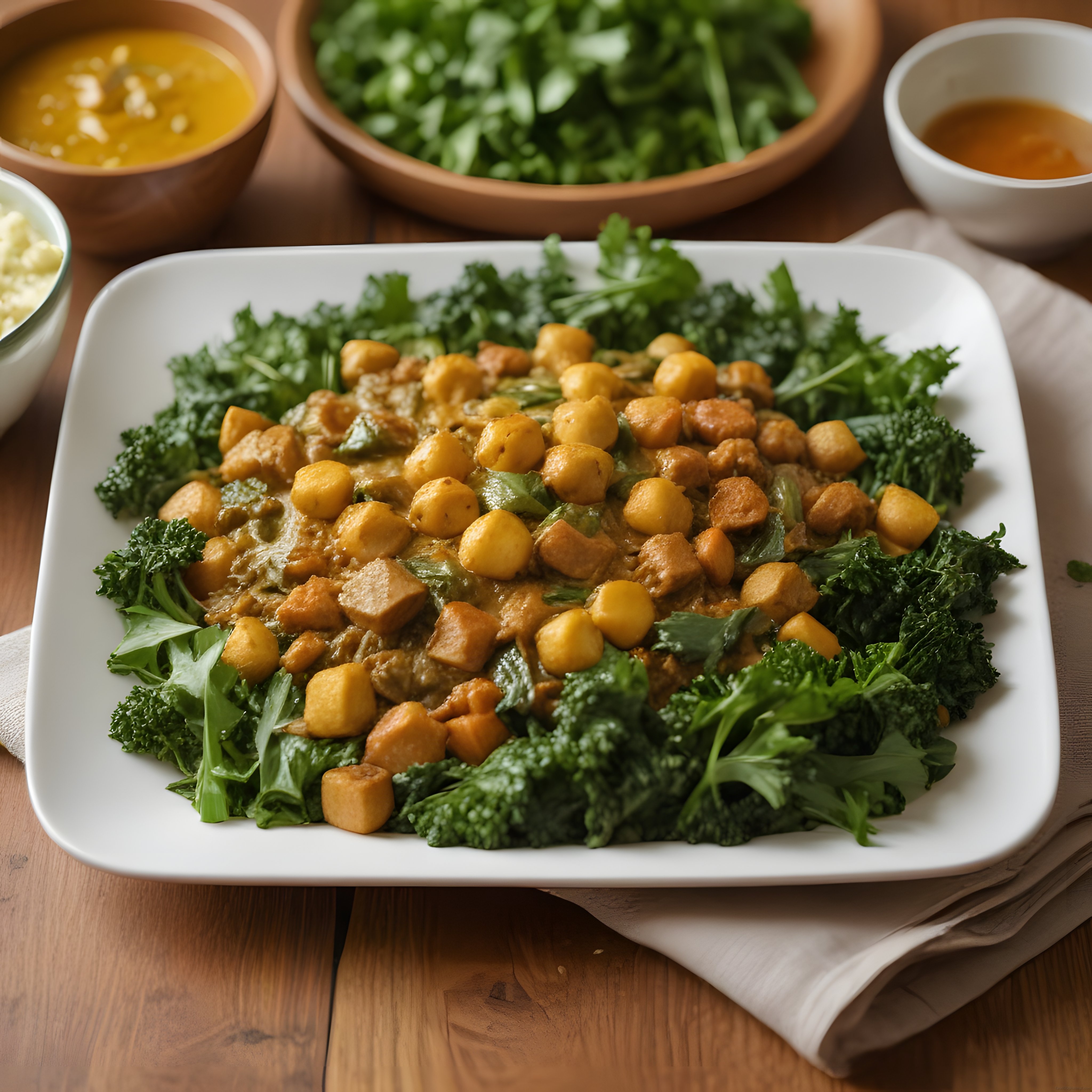 Nohutlu Vegan Kase: Besleyici Tofu Brokoli ve Soslarla Sunum