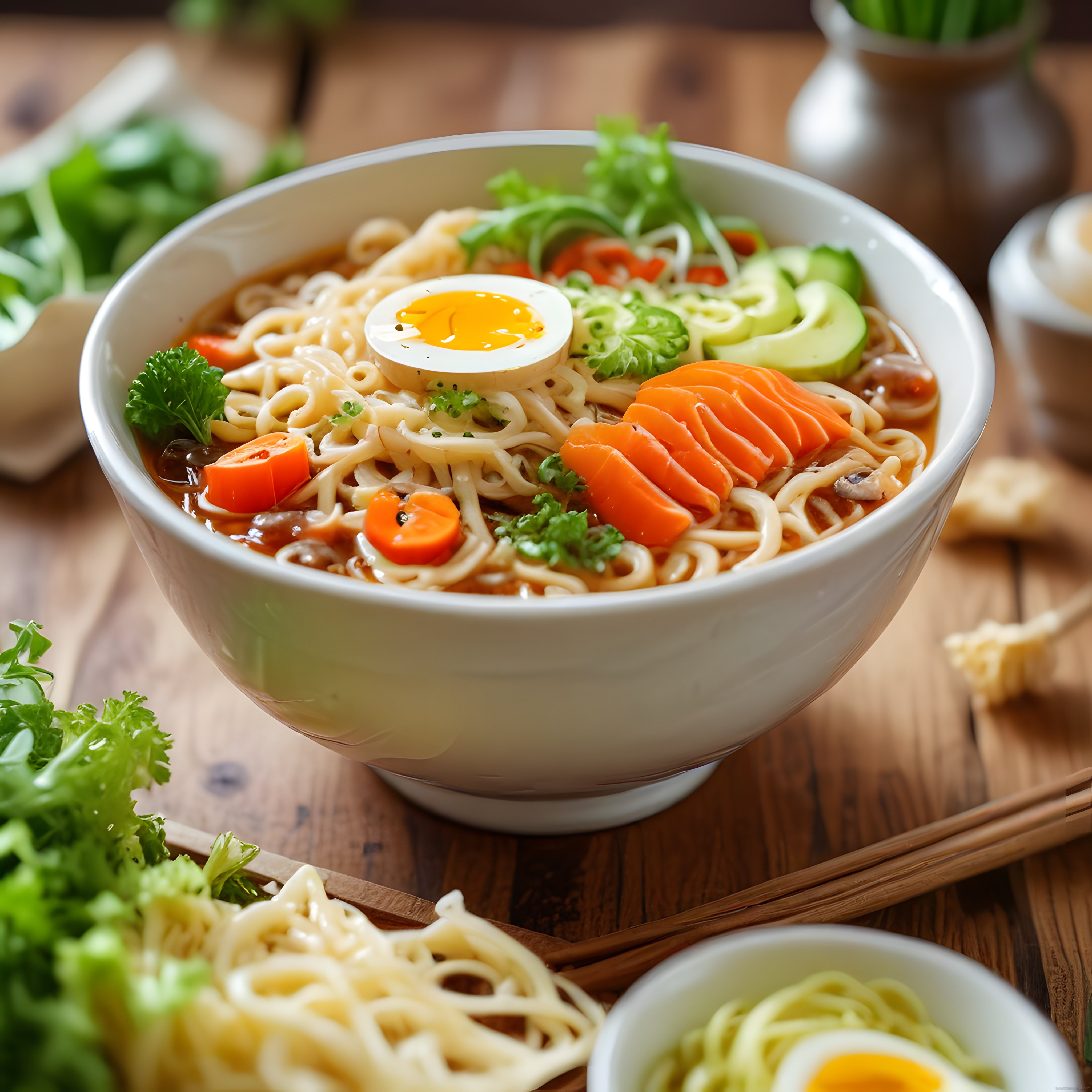 Noodle Çorbası Kasesi: Akışkan Yumurta ve Taze Sebzelerle Ahşap Sunum
