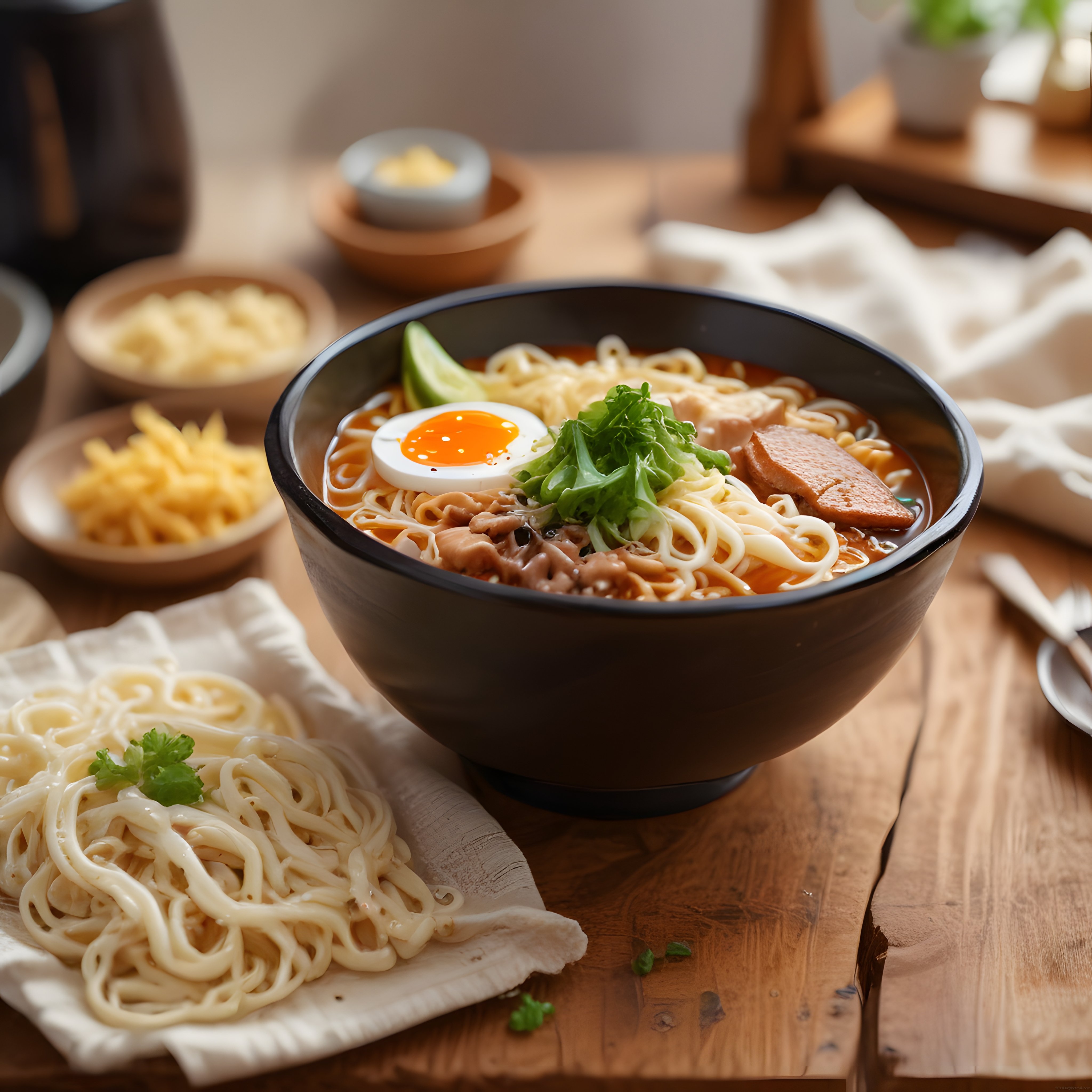 Noodle Çorbası: Siyah Kâsede Yumurta ve Yeşillikle Süslenmiş Asya Lezzeti
