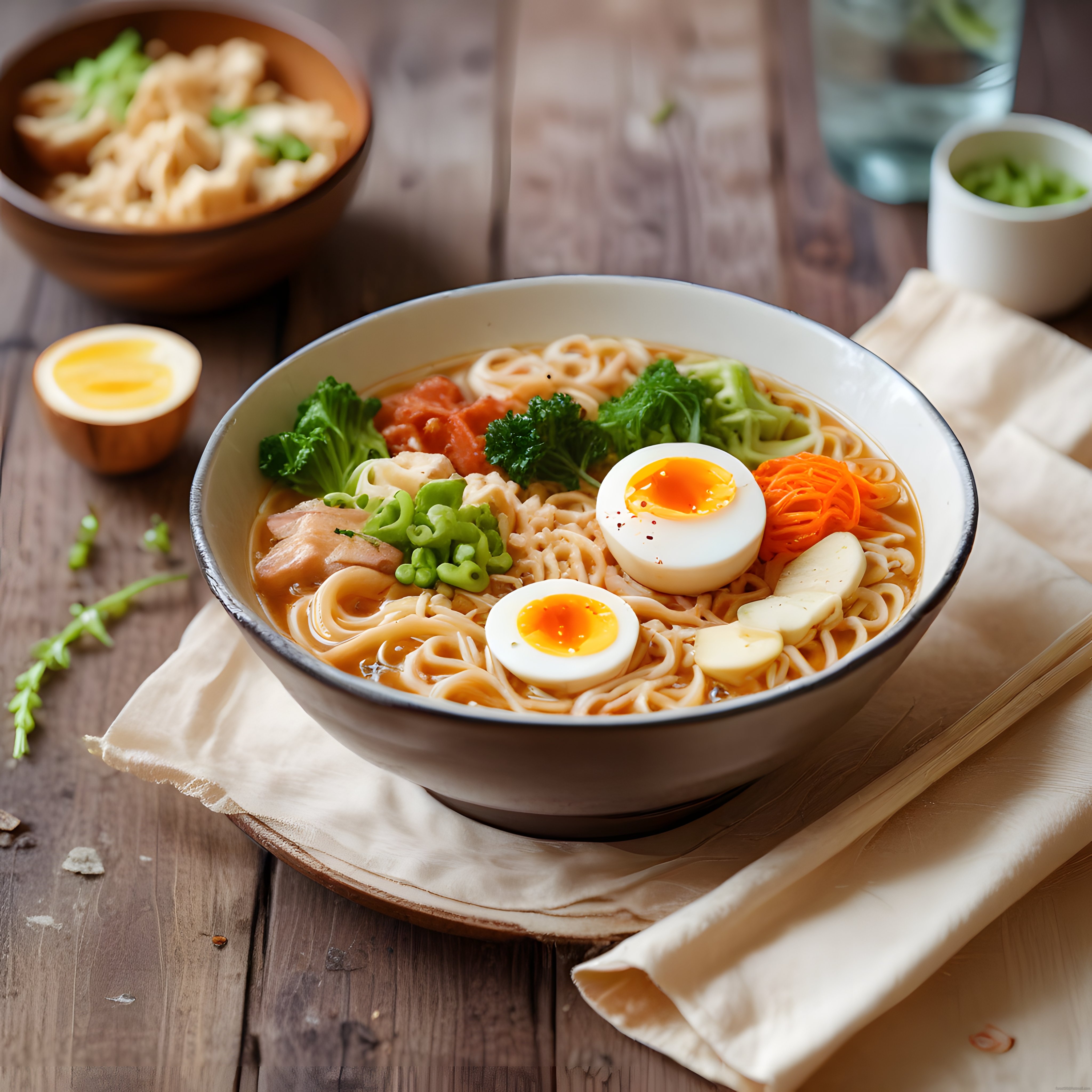 Noodle Çorbası: Taze Sebzeli, Yumurtalı ve Tavuklu Sıcak Ramen Kasesi