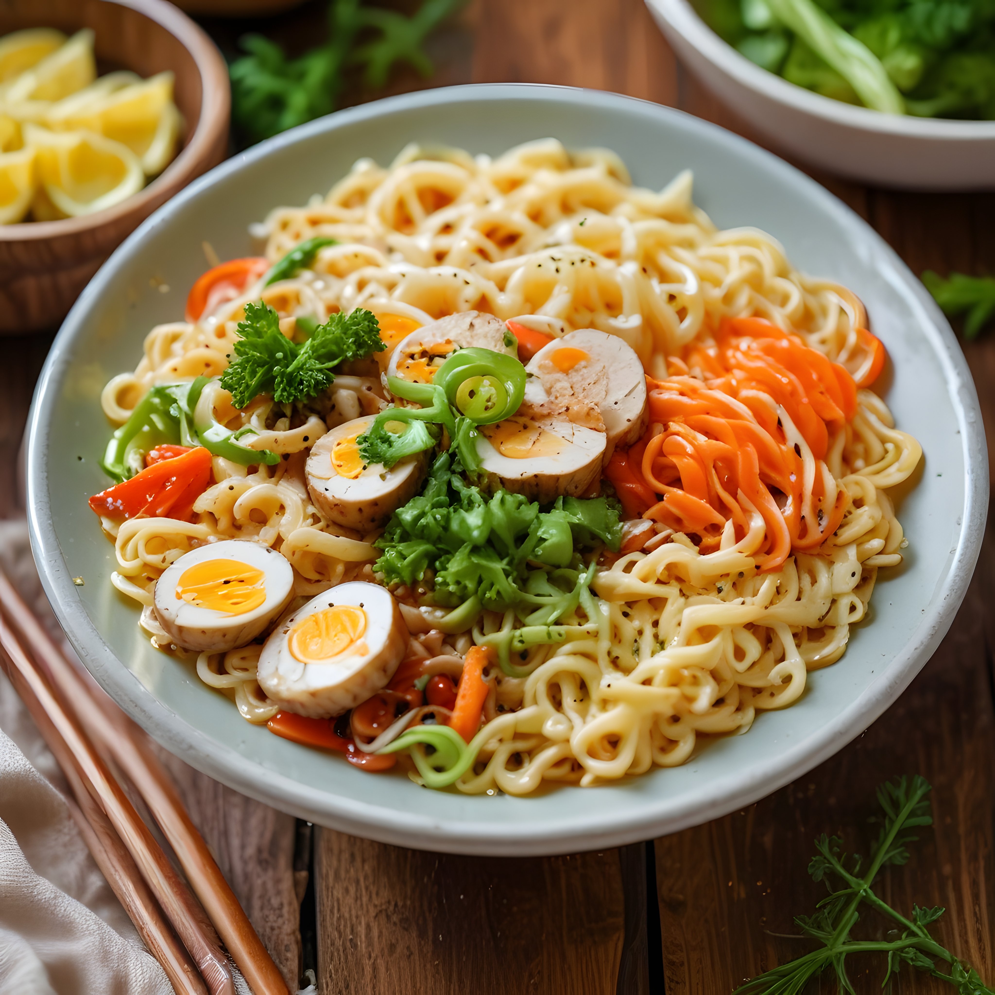 Noodle Kasesi: Sebzeli, Tavuklu ve Yumurtalı Asya Usulü Makarna Tabağı