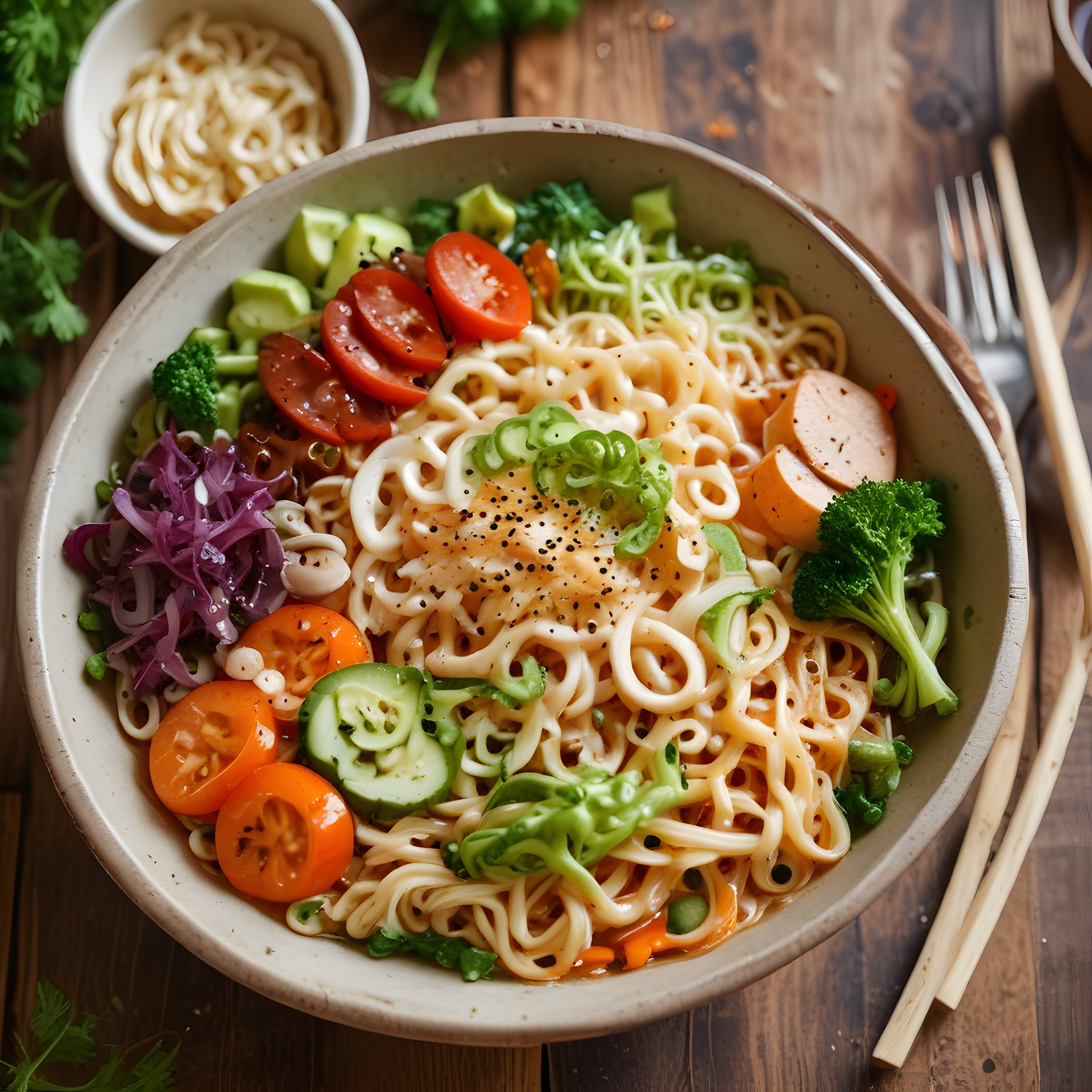 Noodle Kasesi: Taze Sebzeler ve Sosis Dilimleriyle Asya Mutfağı Lezzeti