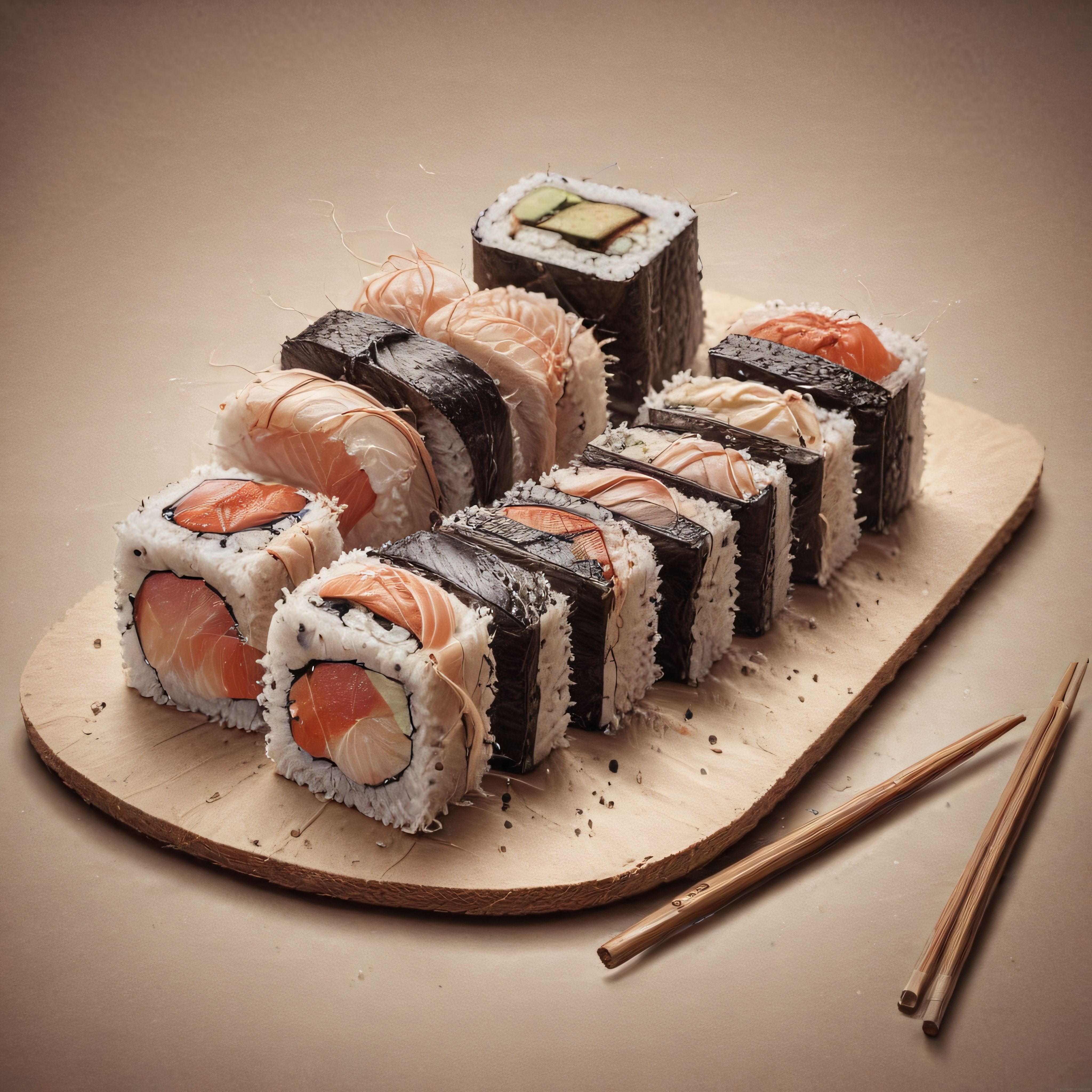 Nori Kaplı ve Somonlu Çeşitli Sushi Ruloları Ahşap Sunum Tahtası Üzerinde