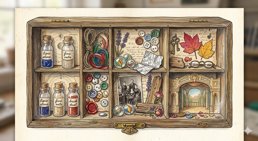 Nostaljik Ahşap Kutuda Vintage El Sanatları Malzemeleri ve Hatıra Eşyaları Nostaljik Ahşap Kutuda Vintage El Sanatları Malzemeleri ve Hatıra Eşyaları