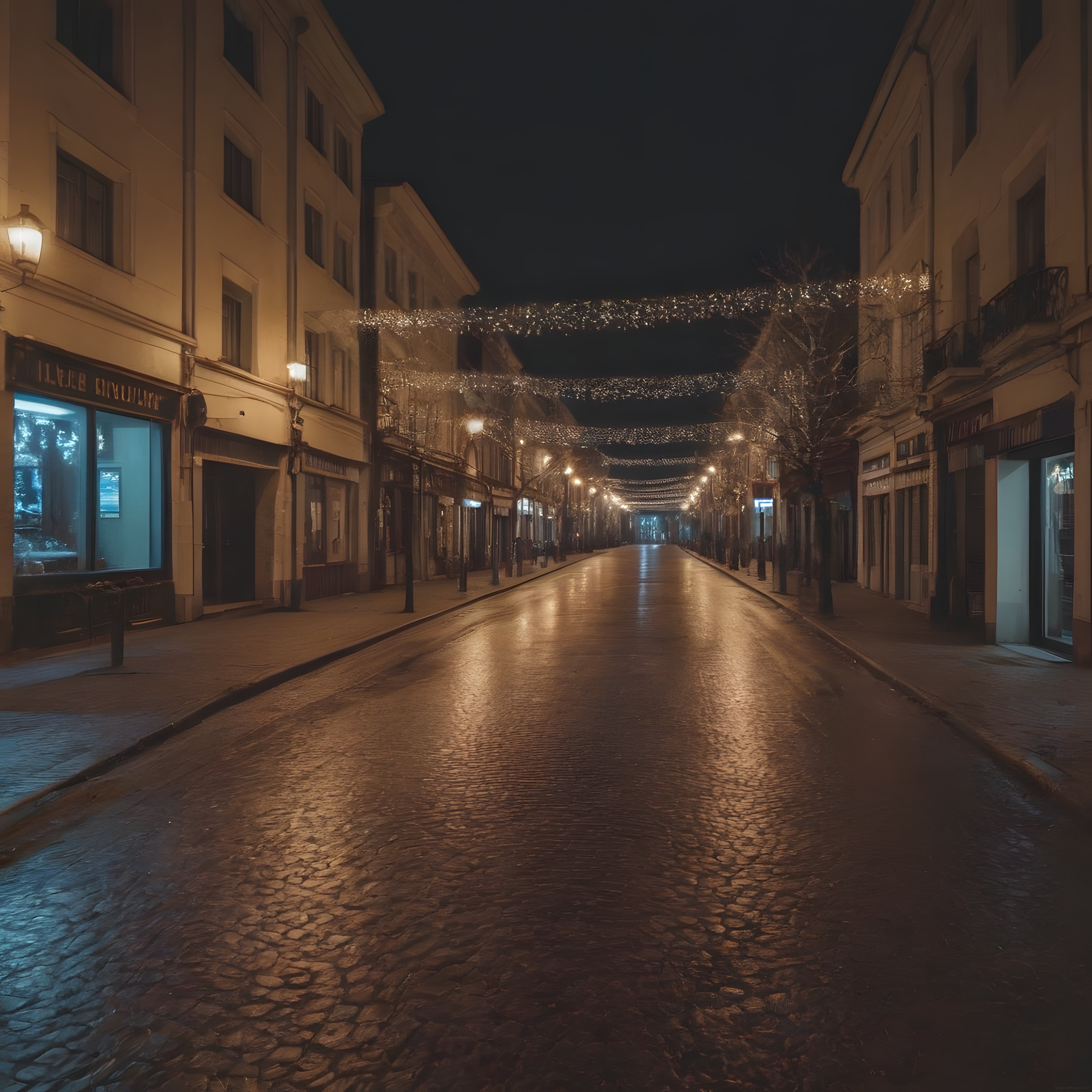 Nostaljik Arnavut Kaldırımlı Caddede Işıklandırılmış Sessiz Gece Atmosferi