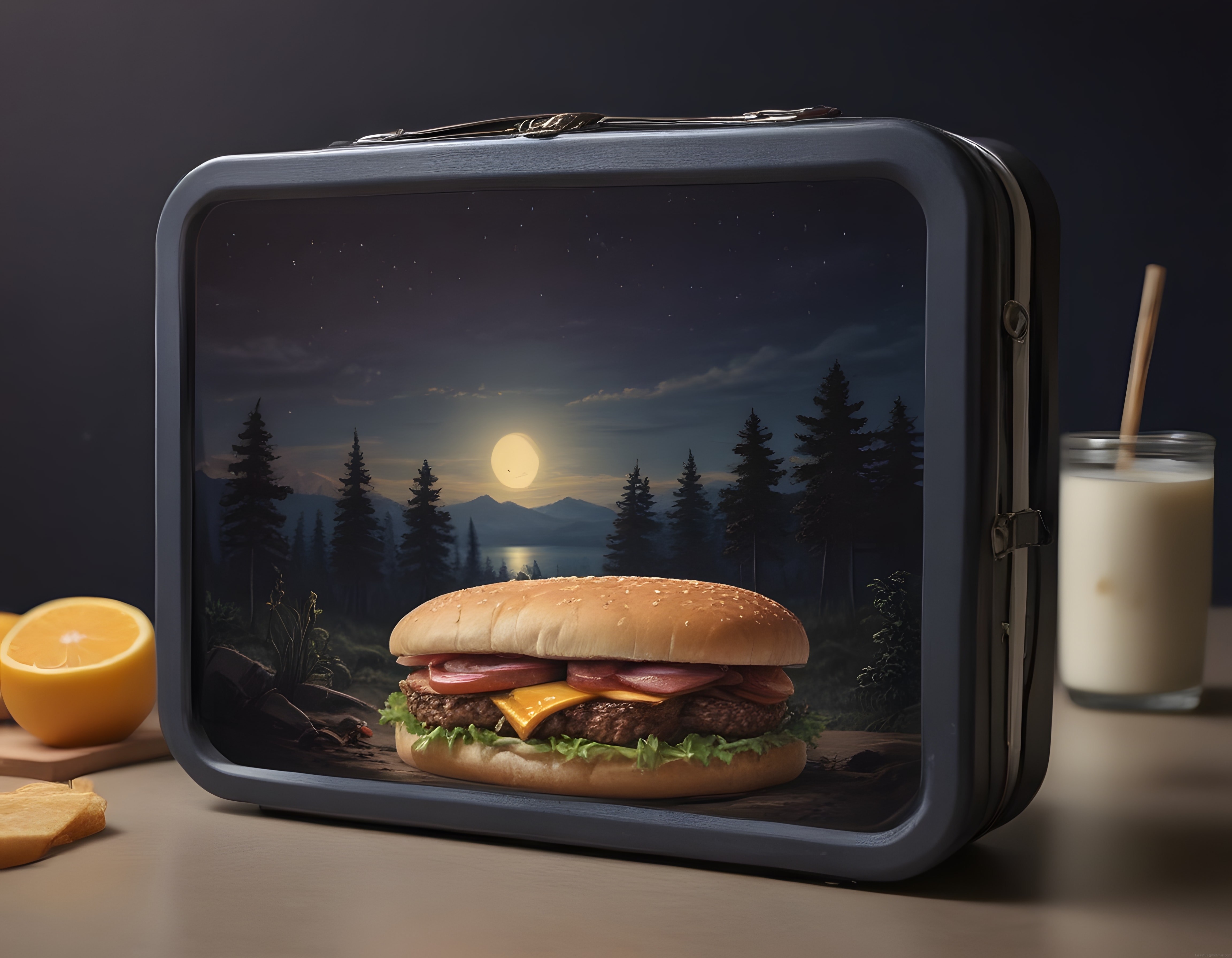 Nostaljik Beslenme Çantasının İçinde Göl ve Dolunay Manzaralı Efsanevi Burger