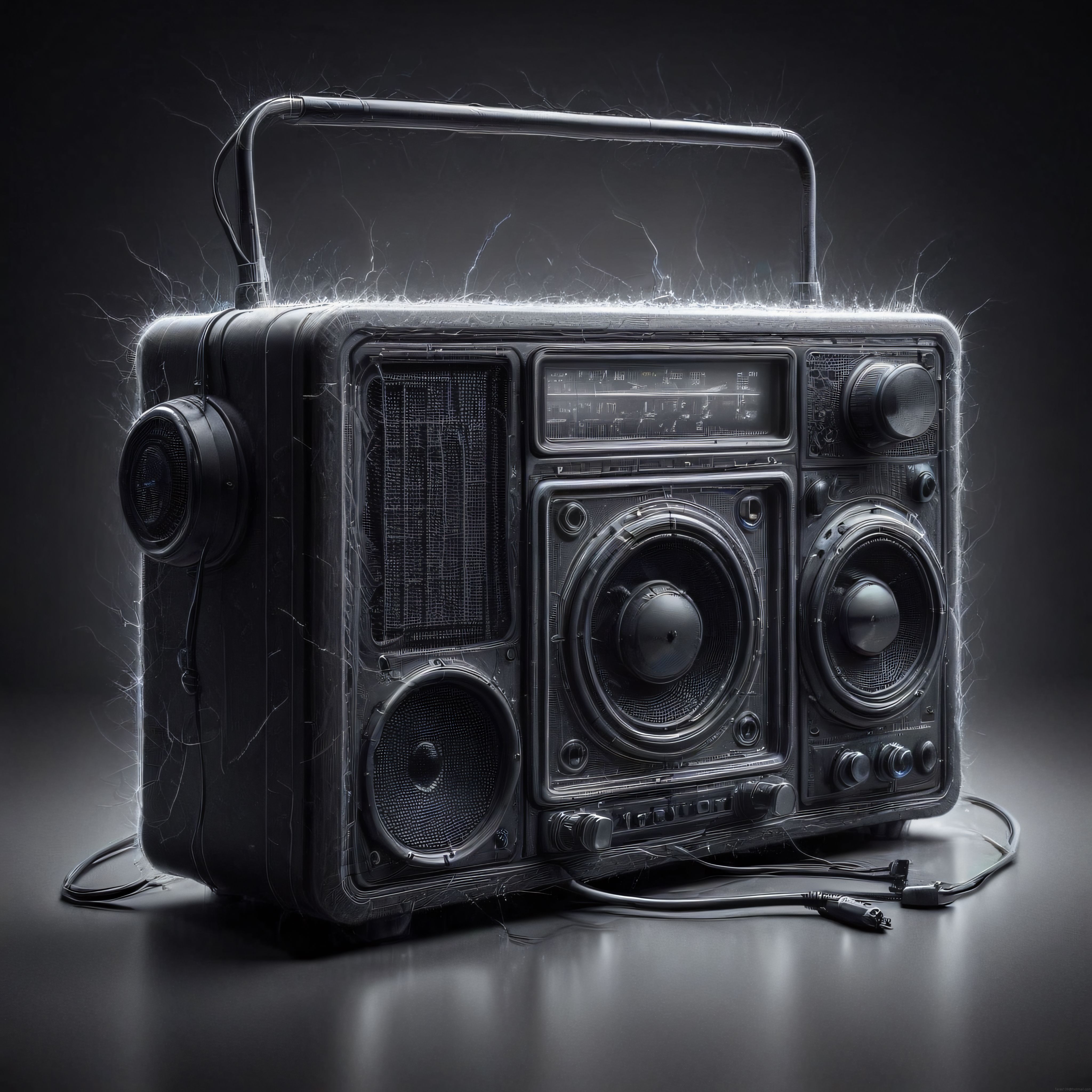 Nostaljik Boombox Radyo ve Elektrik Efektleriyle Karanlık Stüdyo Çekimi