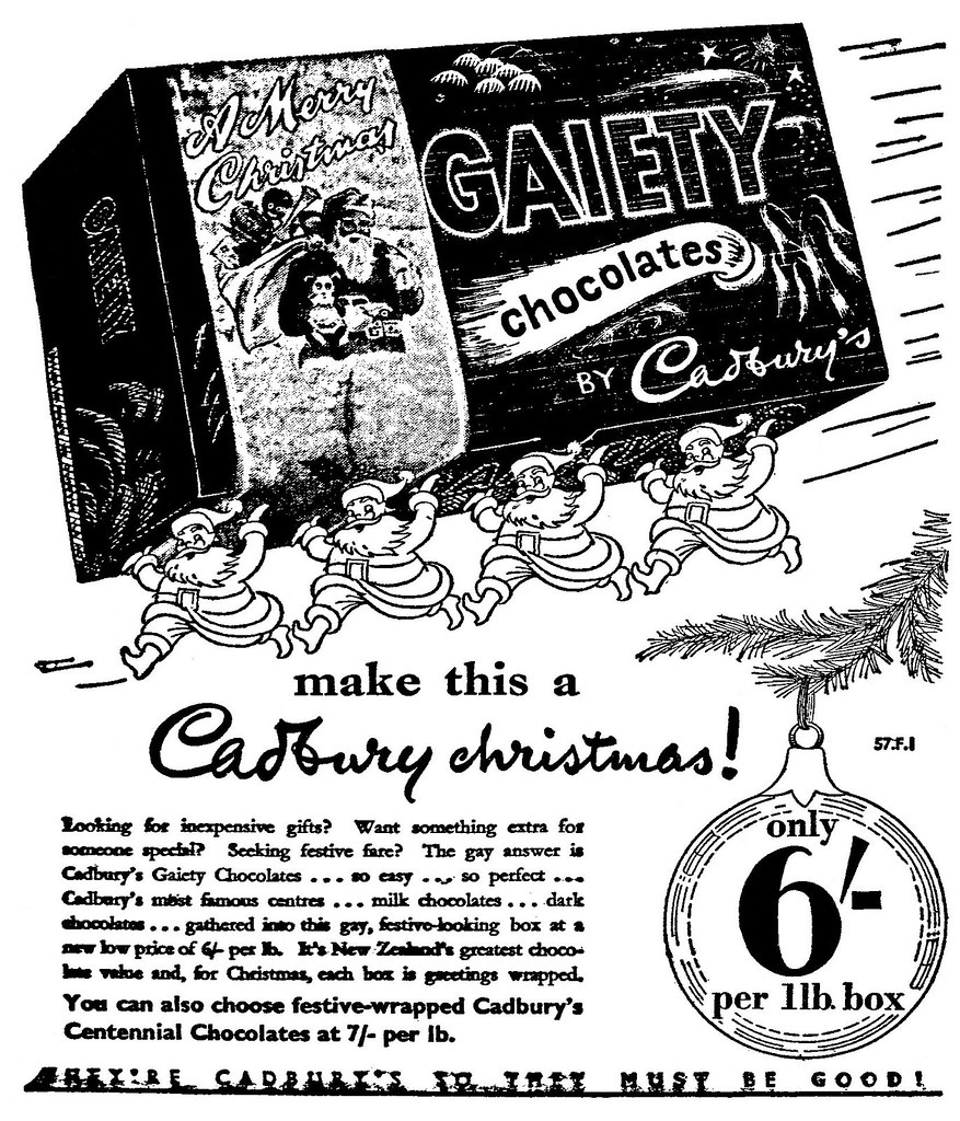 Nostaljik Cadbury Gaiety Çikolata İllüstrasyonu ve Vintage Noel Reklam Tasarımı