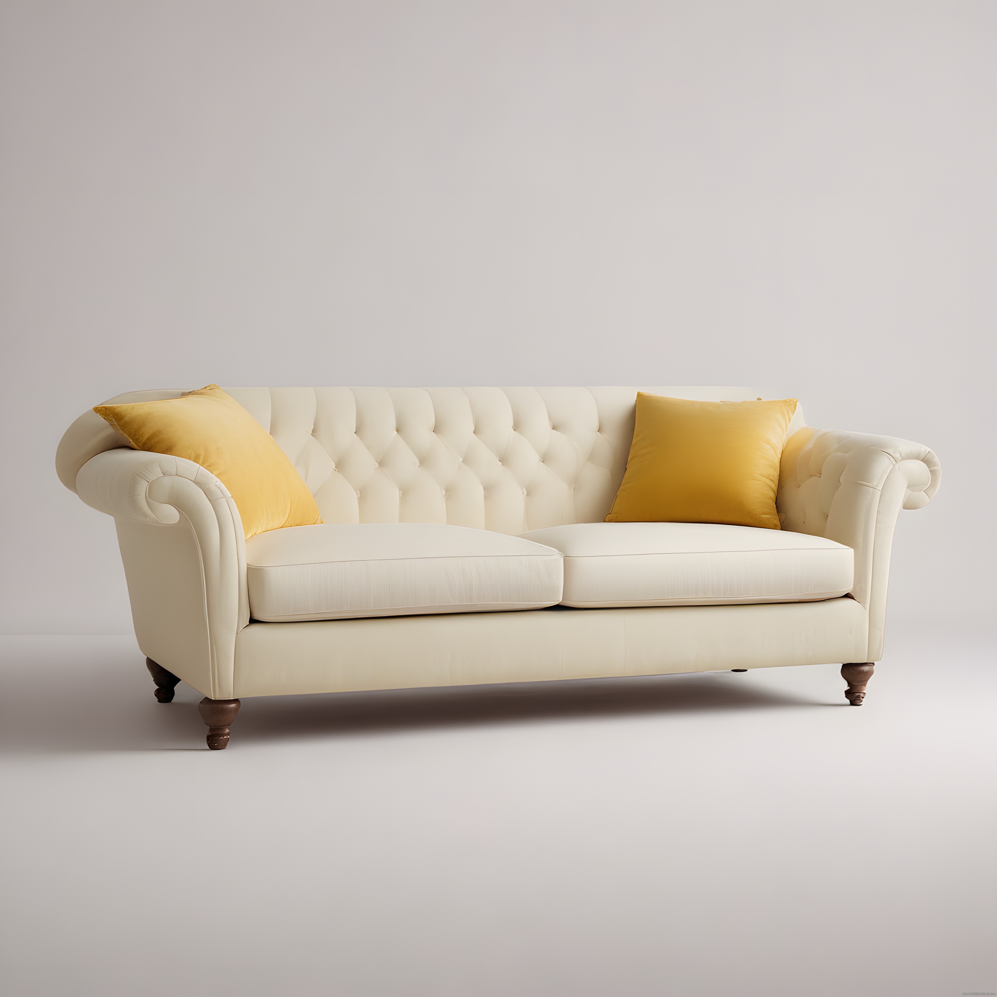 Nostaljik Çizgiler Taşıyan Krem Rengi Chesterfield Kanepe ve Hardal Yastık Uyumu