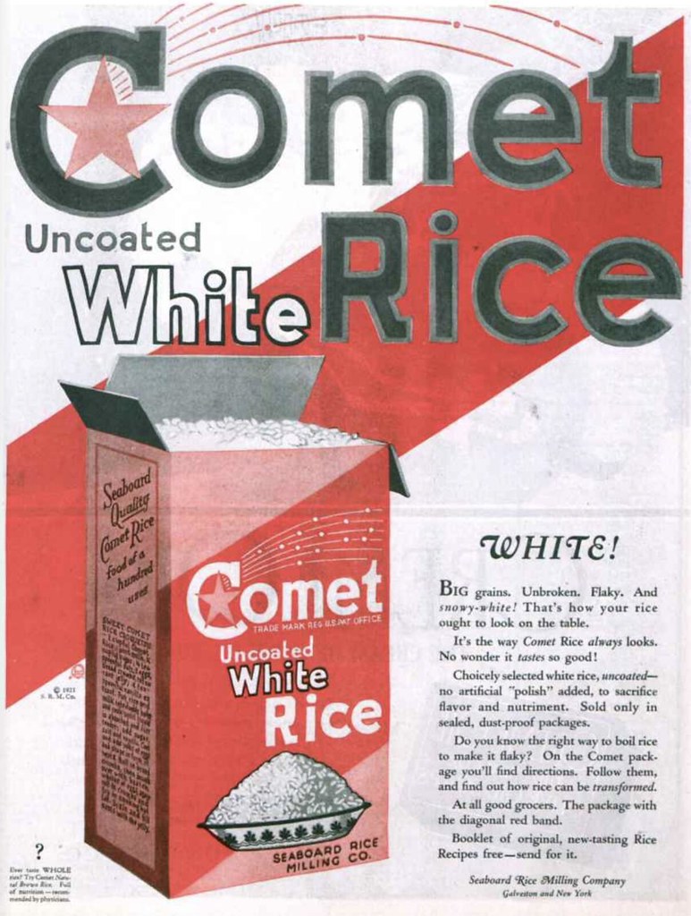 Nostaljik Comet beyaz pirinç reklamı ve retro ambalaj tasarımı