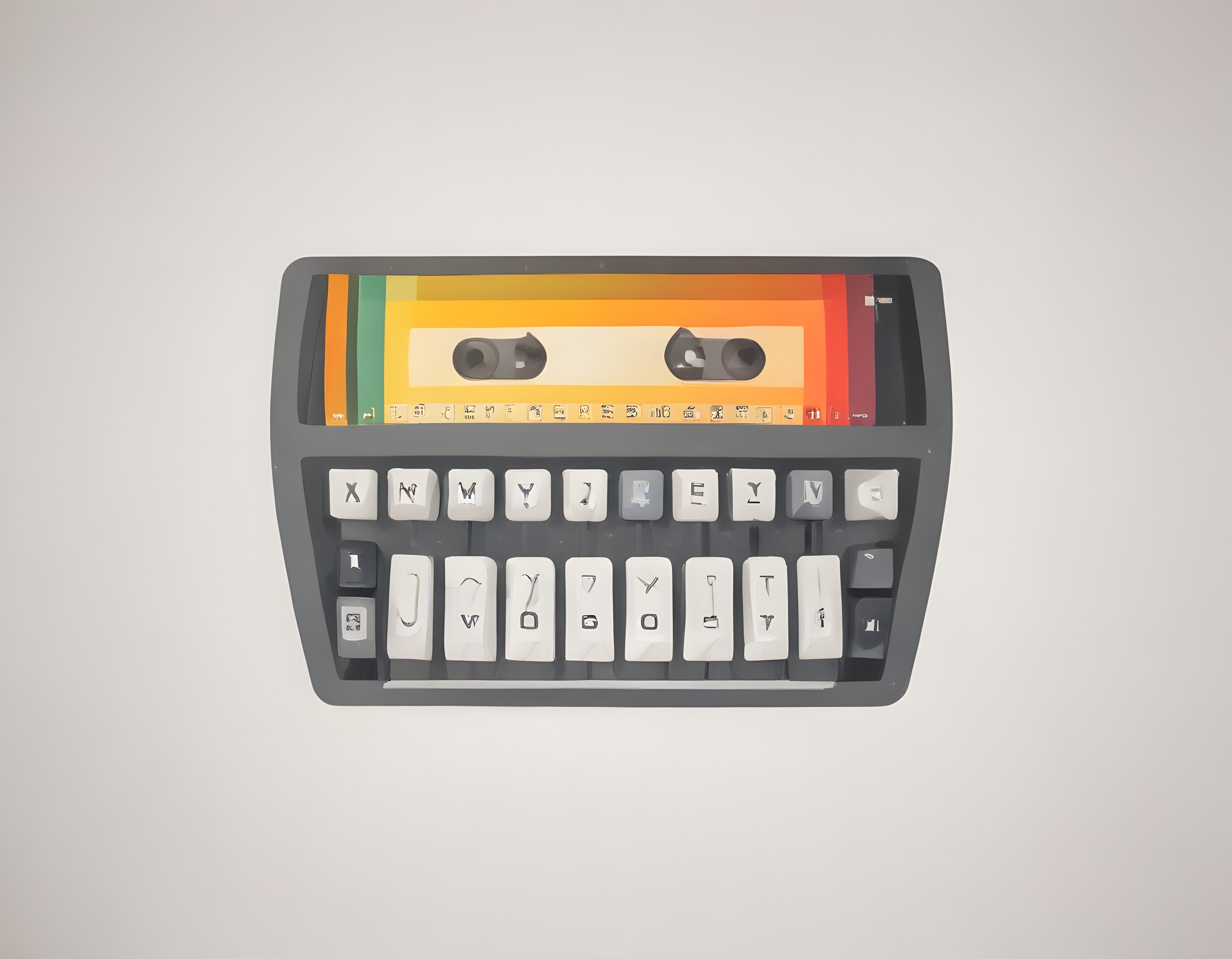 Nostaljik kasetçalar ve minimalist klavye tasarımlı dijital sanat çalışması