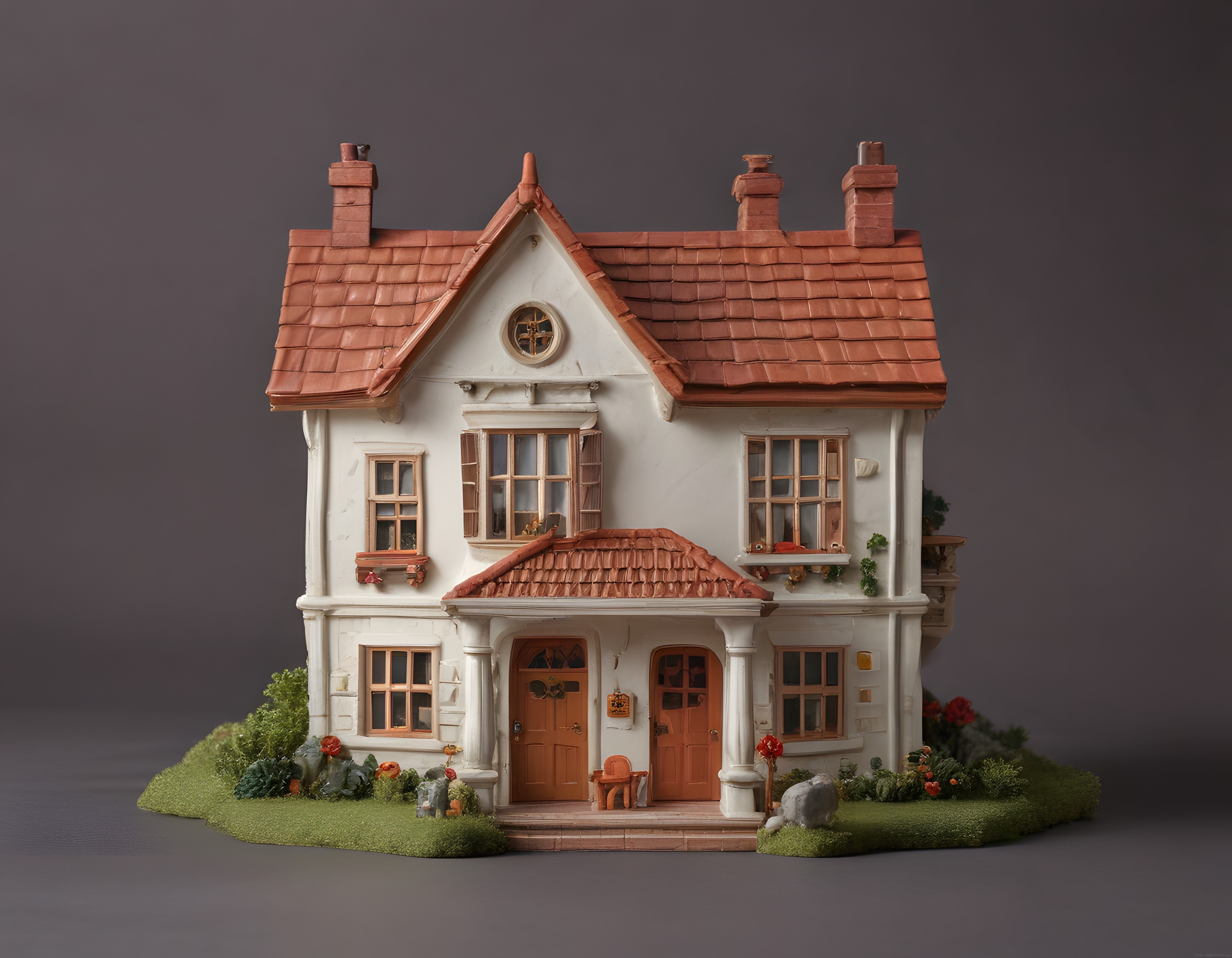 Nostaljik kırmızı çatılı iki katlı minyatür ev modeli ve bahçe düzenlemesi