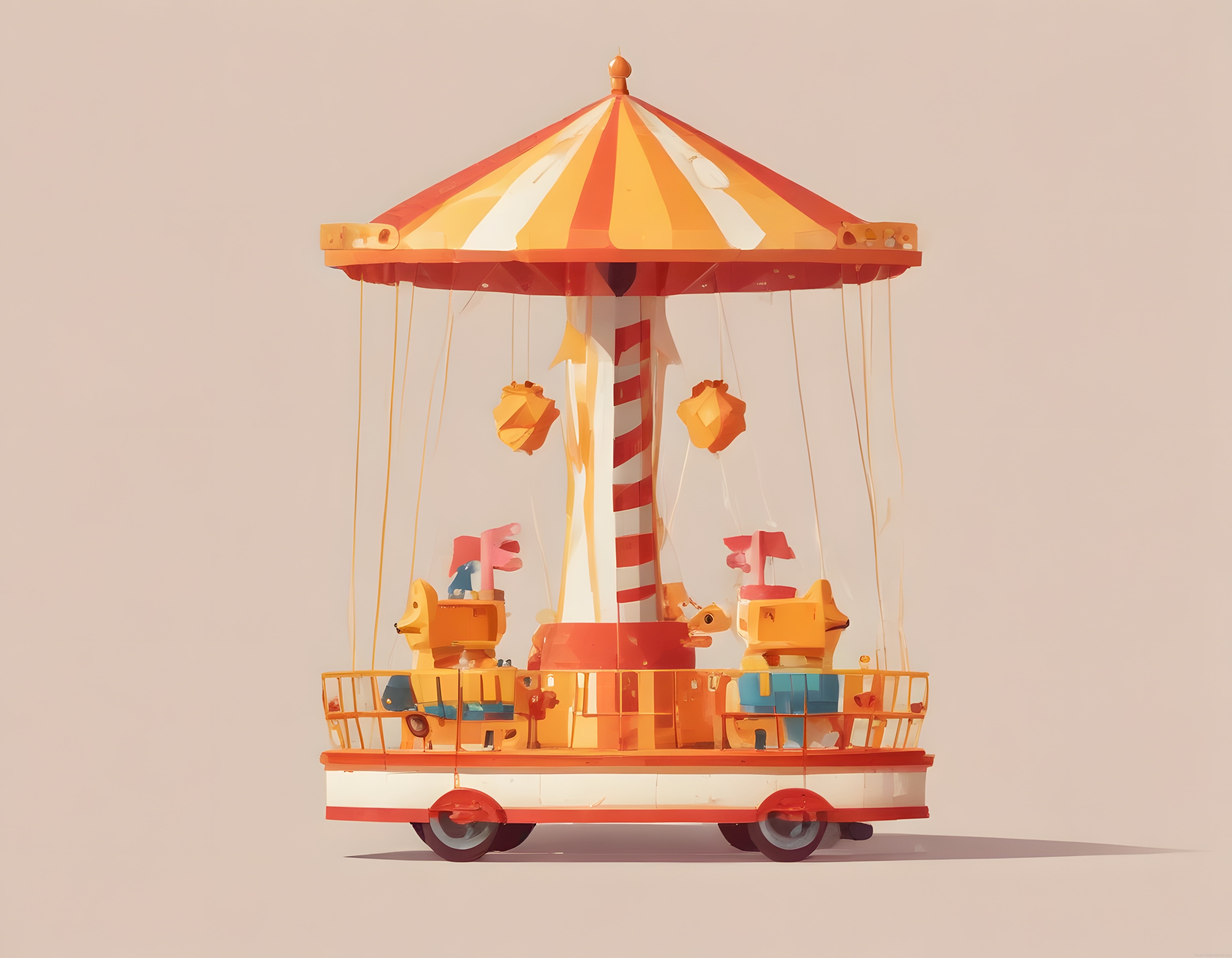 Nostaljik lunapark atmosferinde pastel renkli düşük poligon oyuncak atlıkarınca